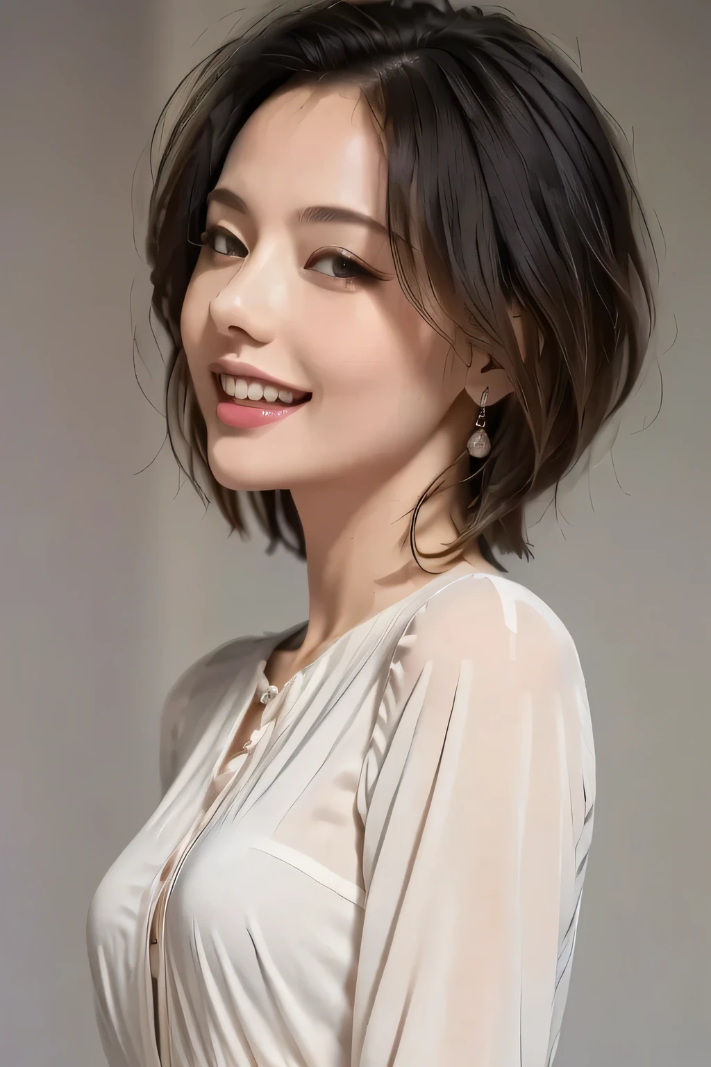 ((masterpiece)), (( best quality)), ((8k)), (( surreal)), ((Realistic)), (Mature), ((No classes)), very detailed, (1 female), Beautiful and exquisite, (Beautiful Teeth), Grin, brunette pixie cut, Brown Eyes , ((blouse)), ( upper body), ((background:Nothing gray one color )), Perfect Eyes, Eyes that steal your heart , Staring at the Audience