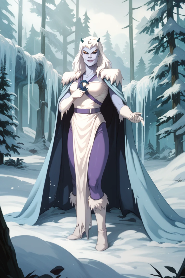 chilla, thundercats, icicles, standing, cape, smile, colored skin, white hair, long hair, solo, snow, forest, night, black sclera, cape covered the whole body, yellow eyes, Masterpiece, High Resolution, Best Quality, 