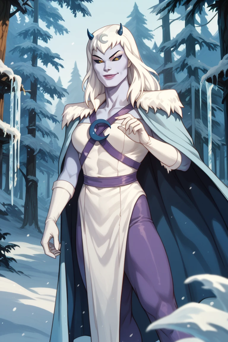 chilla, thundercats, icicles, standing, cape, smile, colored skin, white hair, long hair, solo, snow, forest, night, black sclera, cape covered the whole body, yellow eyes, Masterpiece, High Resolution, Best Quality, 