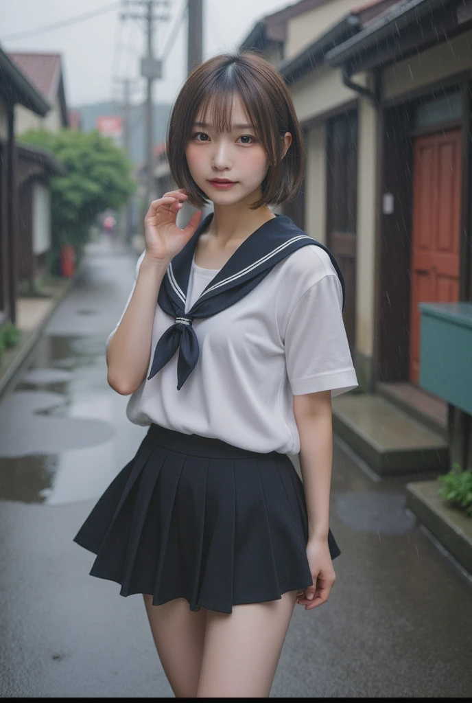 Perfect composition, Proper placement, Golden Ratio, masterpiece,  best quality,  high definition ,  one Japanese woman,  Beautiful Japanese Woman , standing:1.331,  Wearing a Japanese High School Sailor Suit:1.331,  Anatomically Correct Ratio :1.331,  has a small head :1.331, Slender body:1.331,  thin waist:1.331, Thin limbs:1.331,  flat chest:1.331, Brown Hair,  short hair,  hair that flutters like, Summer daytime, Light and Shadow, Movie Lighting, 