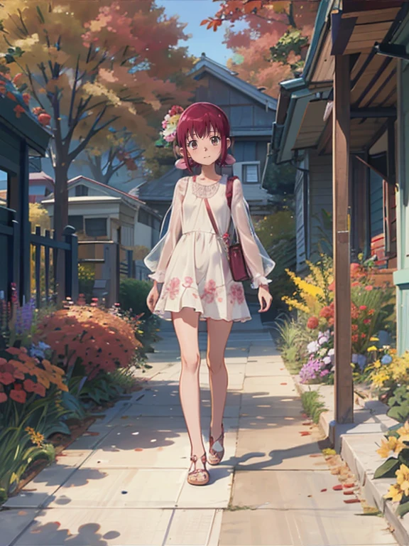  a very young girl ，Real Skin, , Very short stature， very thin thighs，，Small :1.3，((Full body transparent:1.3)  Long Sleeve Floral Casual Dress)， cute underwear，outside，Autumn Garden ， Pretty Fall Foliage ，