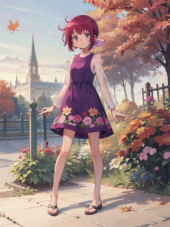  a very young girl ，Real Skin, , Very short stature， very thin thighs，，Small :1.3，((Full body transparent:1.3)  Long Sleeve Floral Casual Dress)， cute underwear，outside，Autumn Garden ， Pretty Fall Foliage ，