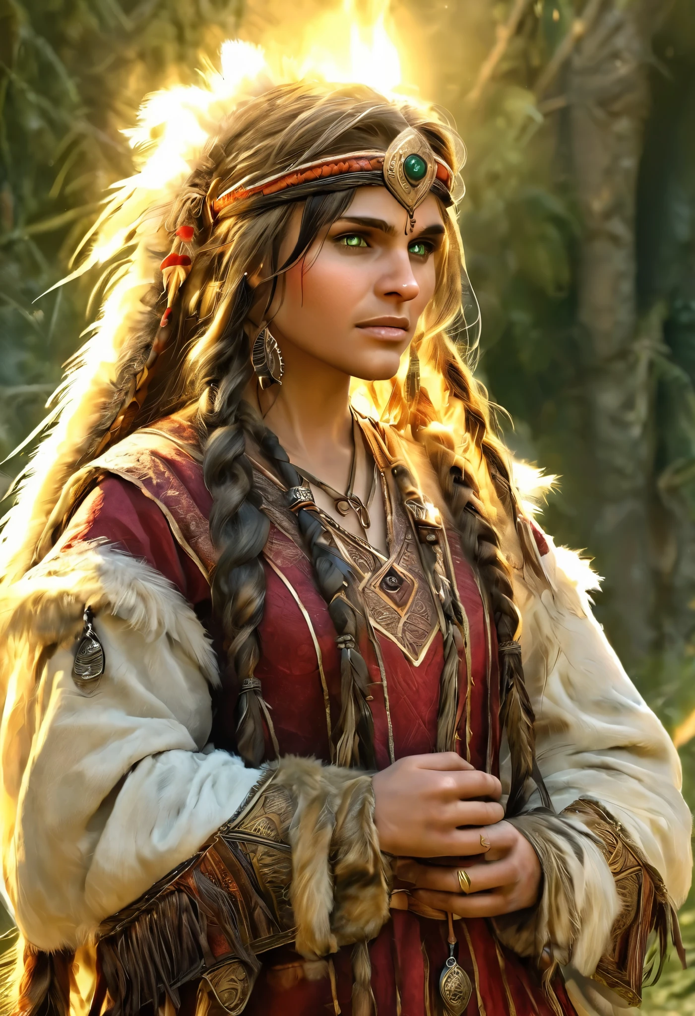 a nomad female, cute face, wearing tribal clothes, in a medieval village, long braided honey hair, big round green eyes, redskins, magical atmosphere, warm lighting, medieval fantasy style, sunset,  skyscape with clouds 