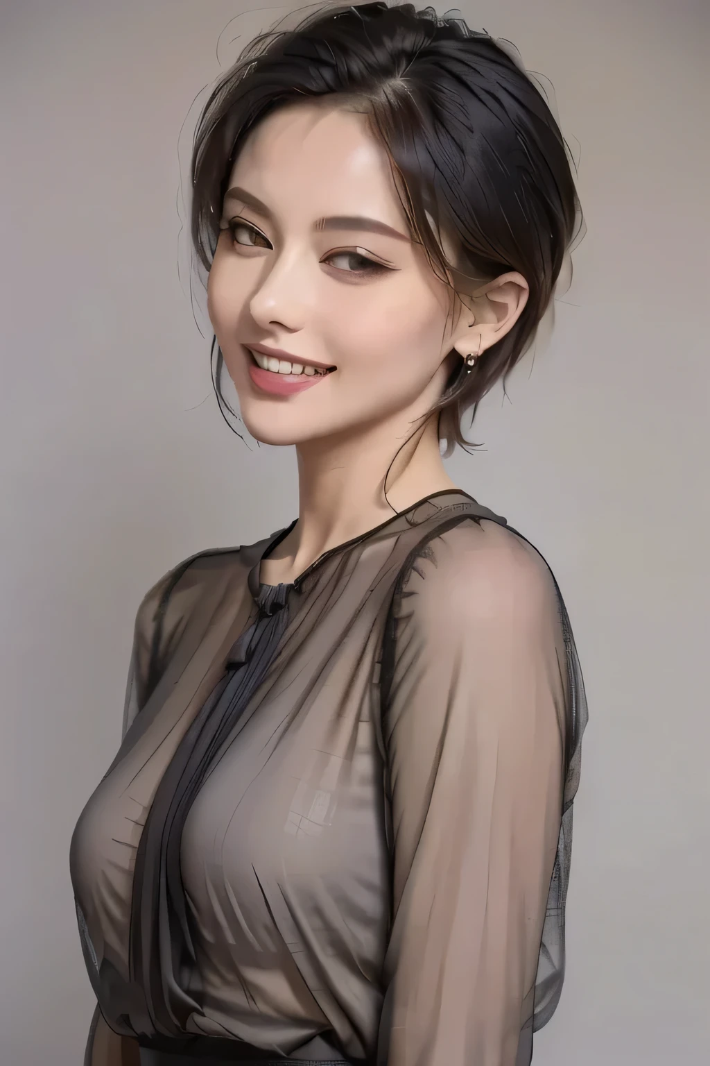 ((masterpiece)), (( best quality)), ((8k)), (( surreal)), ((Realistic)), (Mature), ((No classes)),  very detailed, (1 female), Beautiful and exquisite, (Beautiful Teeth), Grin,  brunette pixie cut,  Brown Eyes , ((blouse)), ( upper body), ((background:Nothing gray one color )), Perfect Eyes, Eyes that steal your heart ,  Staring at the Audience 