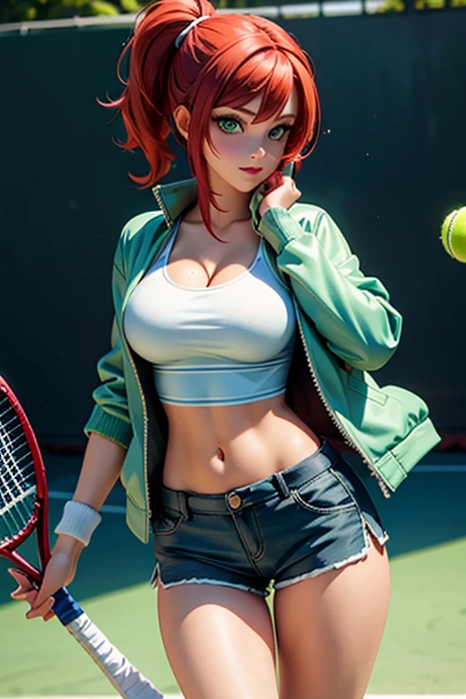 woman, , red-haired, green-eyed, , perfect body , perfect legs, perfect thighs, jacket, shirt, shorts, tennis, socks, plain background, global lighting , HD,