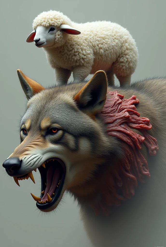 Aggressive wolf face with skin
Sheep on top