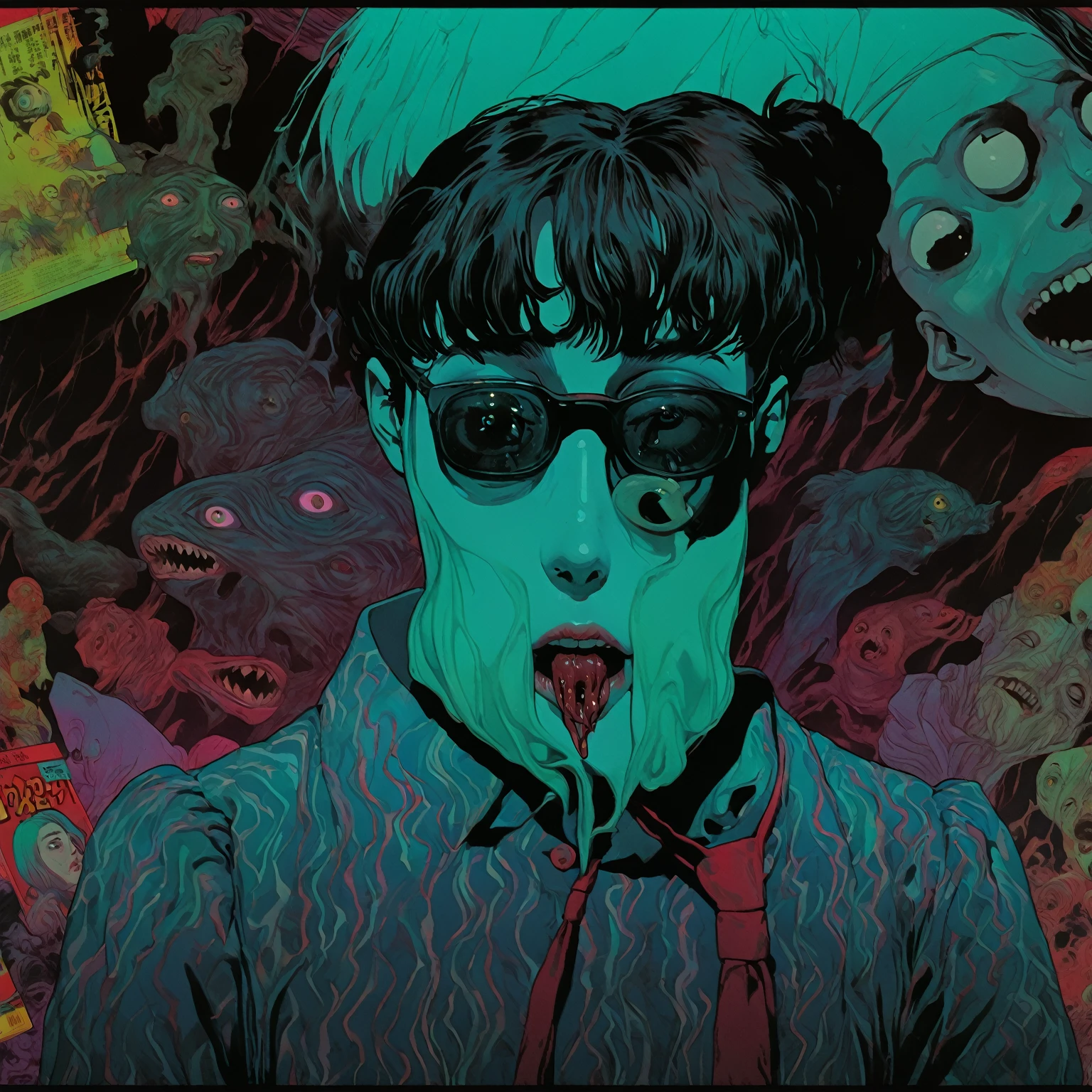 illust、art、from 80s horror movie, directed by Junji Ito、Statue of Anxiety、high detail, realsitic shadow、Analog style, vhs style, 8mm film, chromatic aberration, Dvd screengrab、Surrealism