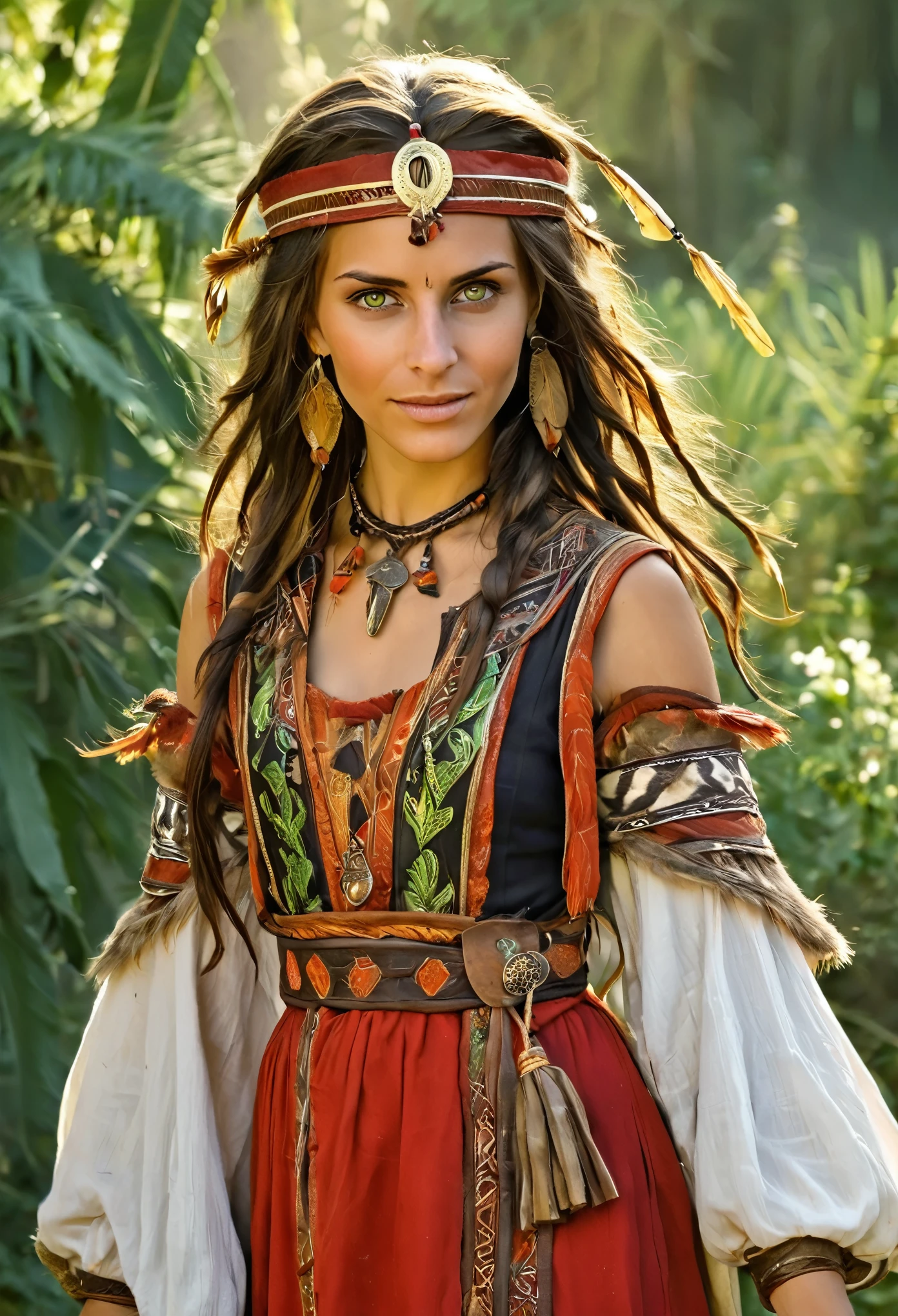 a nomad female, cute face, wearing tribal clothes, in a medieval village, long braided honey hair, big round green eyes, redskins, magical atmosphere, warm lighting, medieval fantasy style, sunset,  skyscape with clouds 