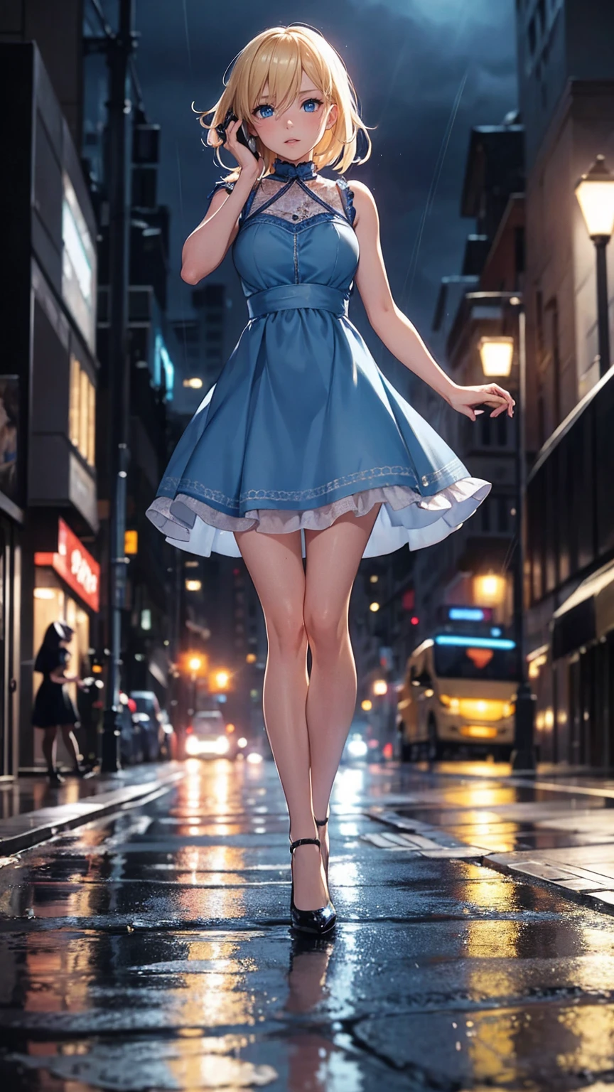  blond haired girl,  realistic detailed blue eyes,, wearing short blue dress , black high heels, Running on the street at night, while it rains , talking on the phone 