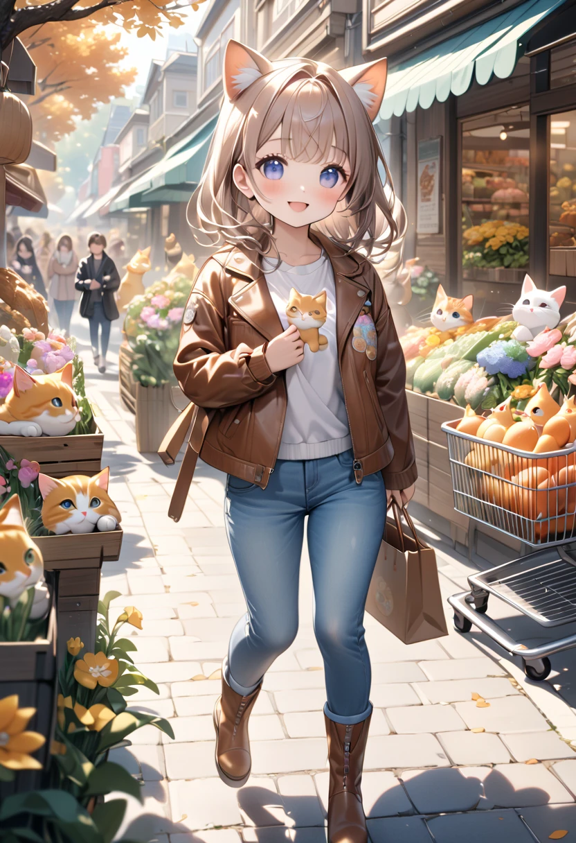 (masterpiece, ultra-detailed, best quality, clear focus, dramatic scene, cinematic), shadow, (ultra-high resolution, 8k), perfect anatomy, perfect face, (detailed face, detailed eye), cute Japanese chibi girl, (chibi:1.3), famous Japanese idol, very beautiful and cute and cool face, (wearing a cute casual wear with leather jacket:1.2), outdoor long boots, (She walks around with a shopping cart full of cute cats:1.3), on a tree-lined trendy shopping street in autumn, pastel colored, many kind of vegetables are in the shop, flower shop, smile, detailed fat cat, many chickens and chicks walking around the street, flowers, plants, cute snails, they look so fun, happy atmosphere 