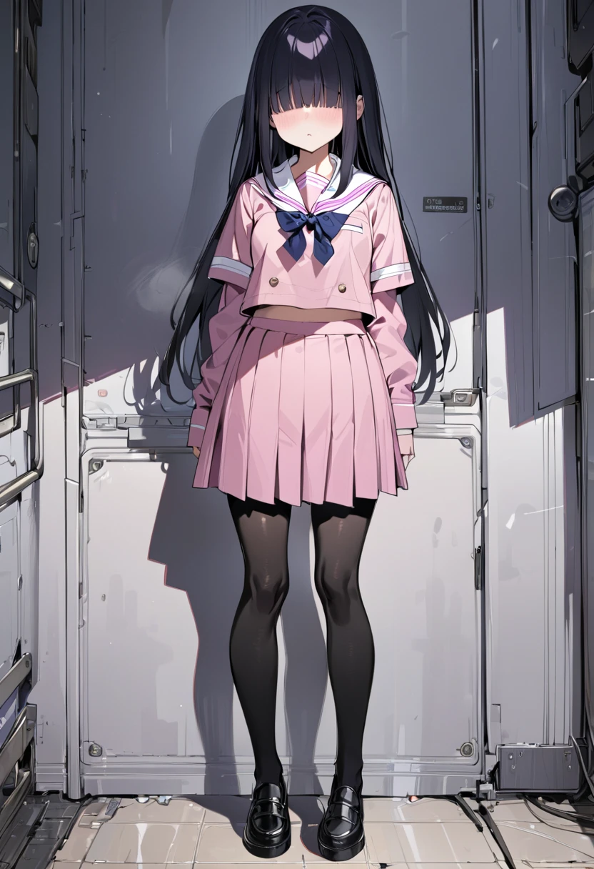 scowling face,cowboy shot,extremely thin legs,standing,extremely young girl,extremely emaciated girl,front shot,flat chest,low twin tails,black hair,red ribbon,pale light pink panty,crotch,navy hip length sailor uniform,navy long skirt,white knee socks,upskirt by her hands:2.0,panty shot,from below:2.0,ground level shot, girl