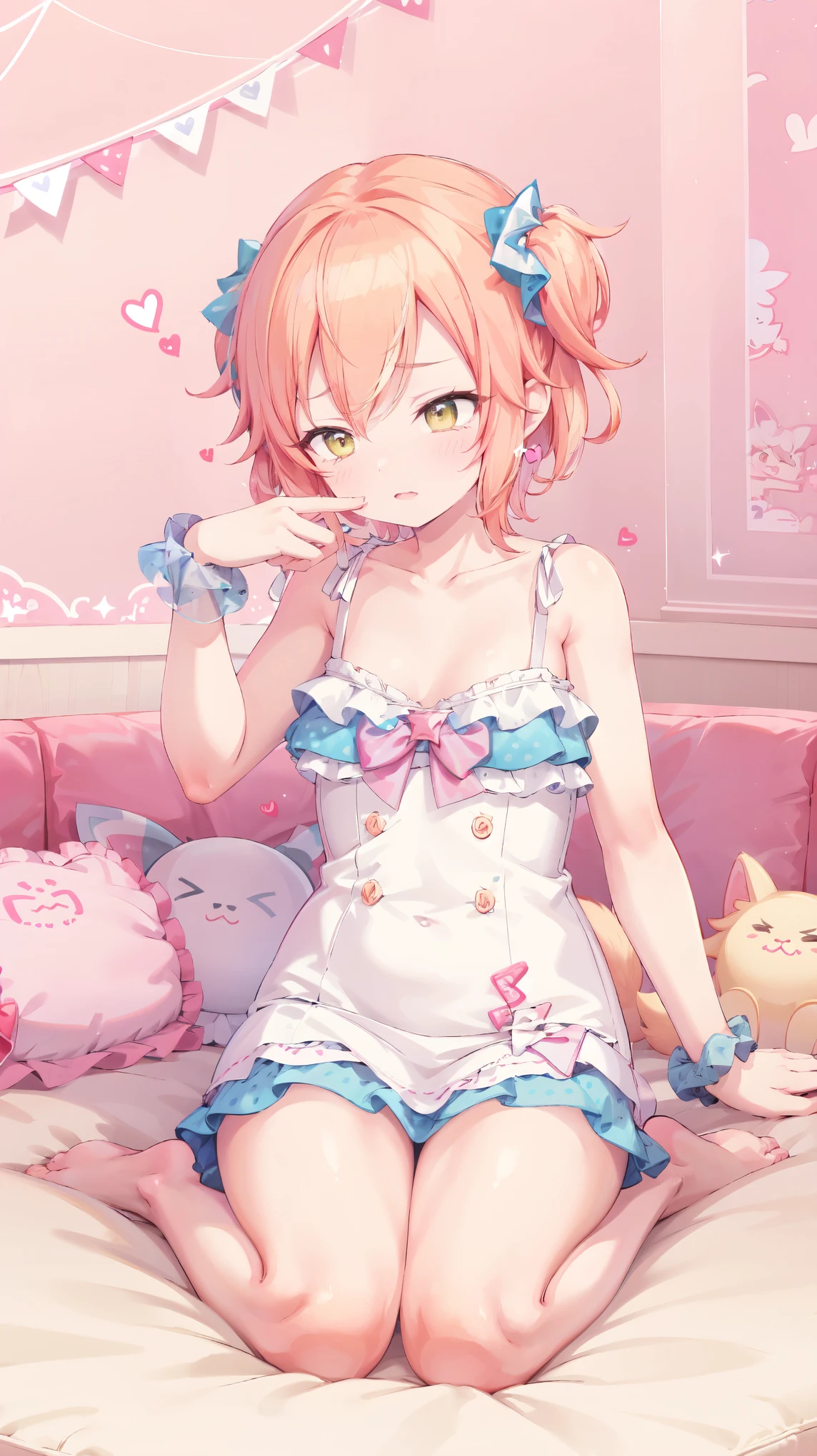 sunlight, パステルカラー, パステルカラー, bare arms, blush, blush, thighs, pink room, happy:2.0, joyful, excited, pink room, pink wall, pillow, orange hair, yellow eyes, shy,,, nursery, pink room, bedroom, animal print:4.0, bed, wiping tears:2.0,, sylveon:3.0,  pink, solo, bangs, blush, thick lips, heart:10.0, flat chest:20.0, chubby:50.0, fat:16.0, ( pink kawaii room )),,((pink gothic room)),(((, Marchen, heart item,star item, small window))), sad:20.0, short hair, chubby, lose-up,, scrunchie, sitting, dress, small breasts, cleavage