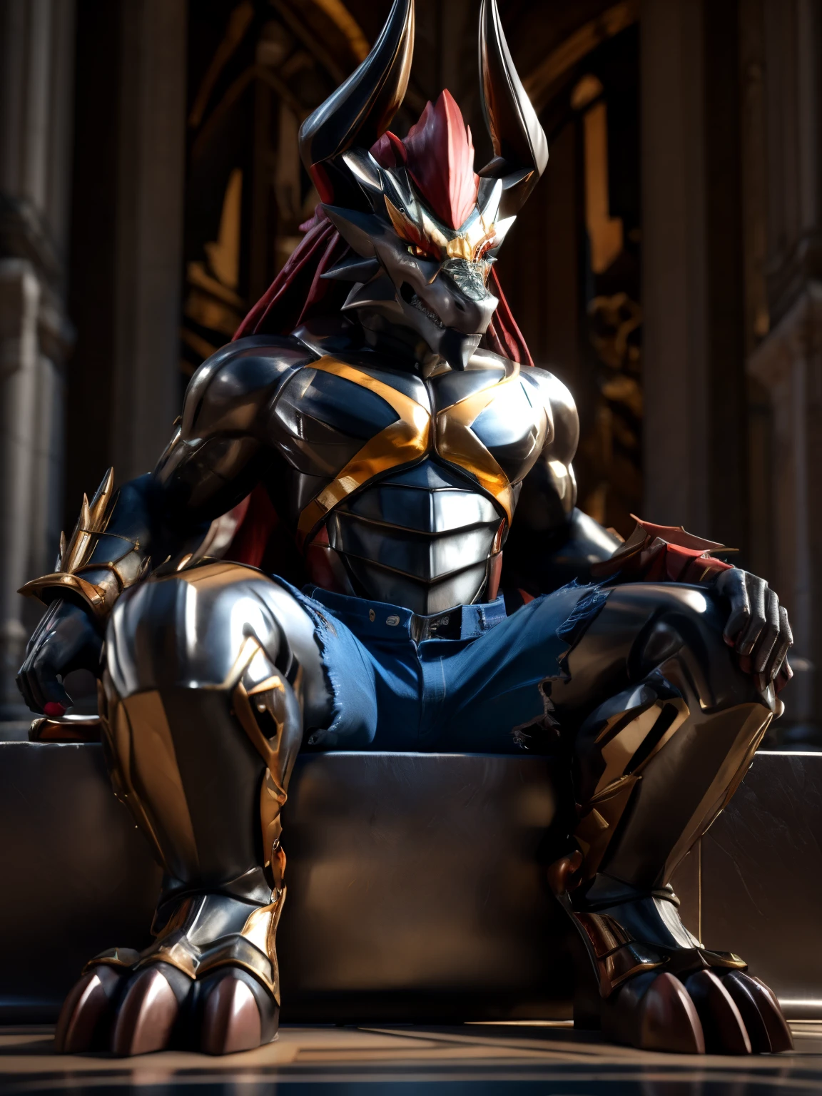 Batzz,Future Card Buddy fight,dragon,male,adult,4K,best quality,bare chest,proud,soft shadow,Majestic detailed face,High quality eyes,Yellow eyes,Red pupils,Grandiose,brave,mature, 3d model, highly realistic, glistening body, glossy, sitting on a throne, ((full body)), Denim shorts, massive feet