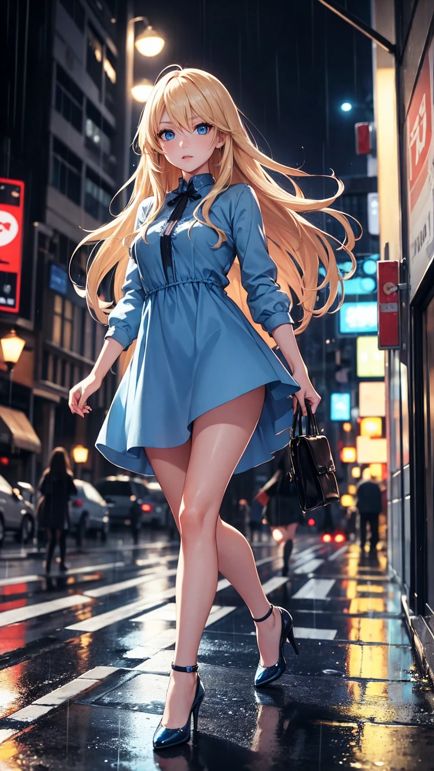  girl with long blond hair  ,  realistic detailed blue eyes,, wearing short blue dress , black high heels, Running on the street at night, while it rains , talking on the phone 