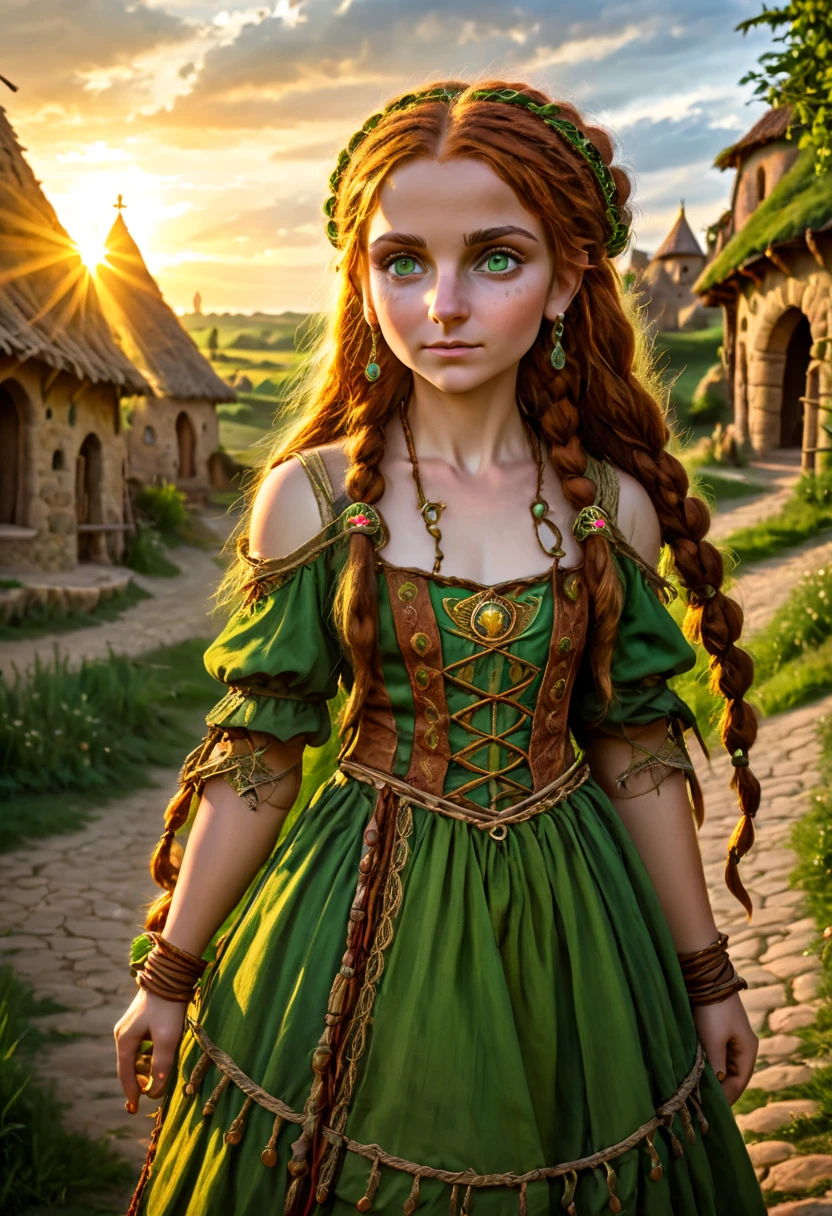 a nomad female, cute face, wearing tribal clothes, in a medieval village, long braided honey hair, big round green eyes, redskins, magical atmosphere, warm lighting, medieval fantasy style, sunset,  skyscape with clouds 