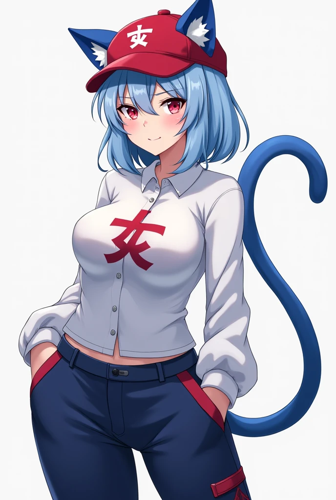 kitsune, thick thighs, blue jumpsuit, huge breasts