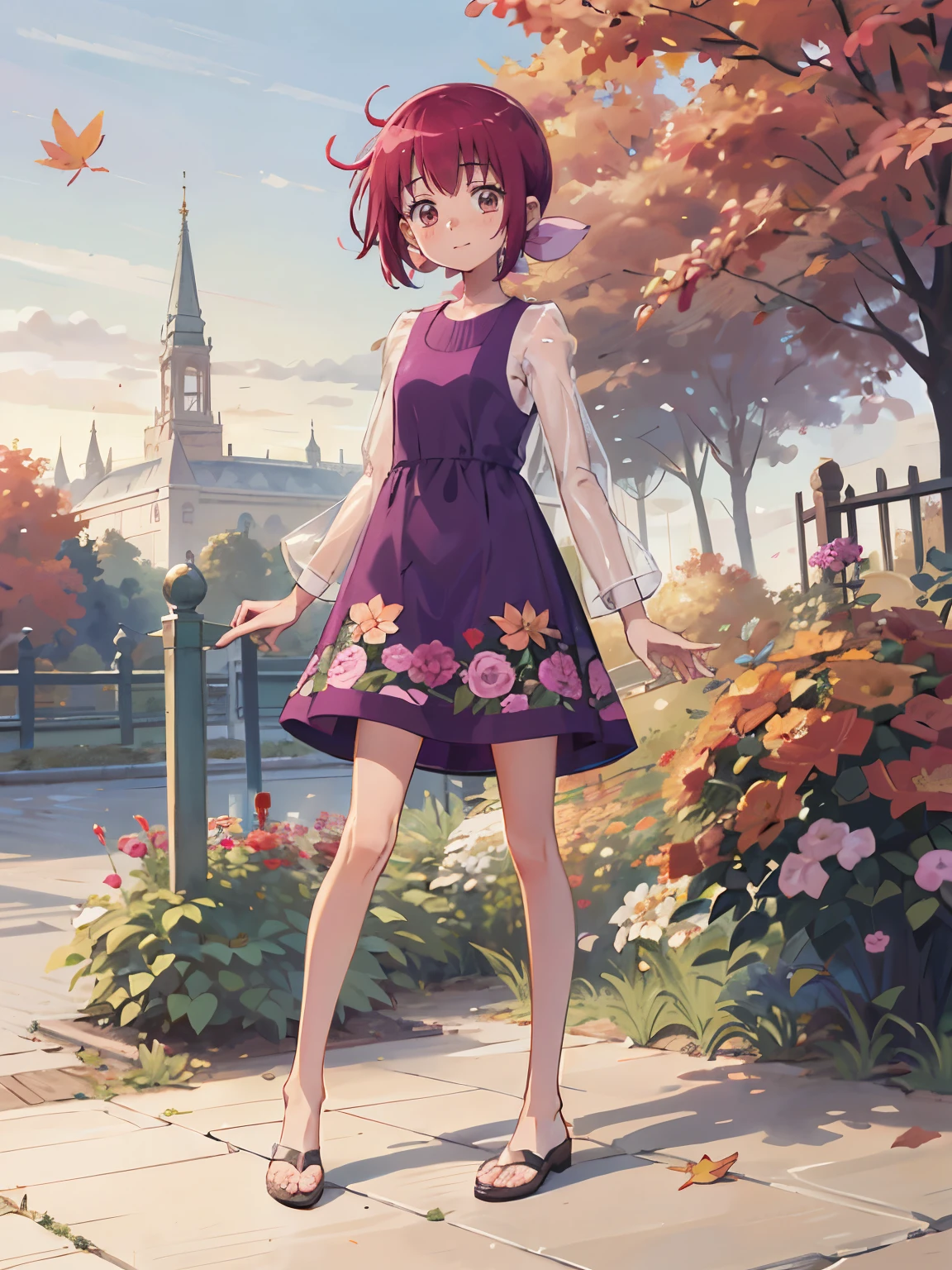  a very young girl ，Real Skin, , Very short stature， very thin thighs，，Small :1.3，((Full body transparent:1.3)  Long Sleeve Floral Casual Dress)， cute underwear，outside，Autumn Garden ， Pretty Fall Foliage ，