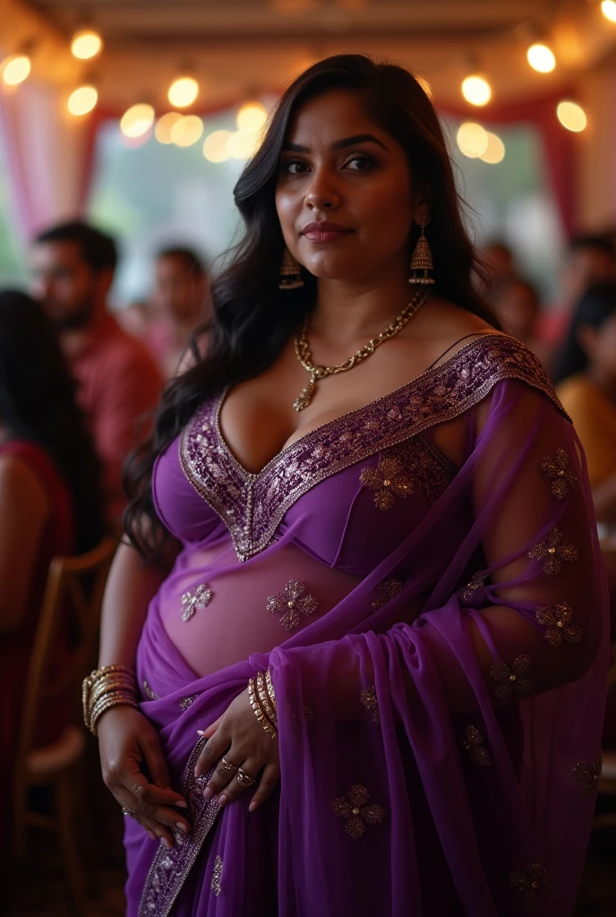 A radiant, full-figured South Indian 25 year old woman wearing a off white gown tenderly hugging a jubilant 25-year-old man while in living room, captured in a full-body image with vibrant hues and meticulous details. Belly button visible . Full body image