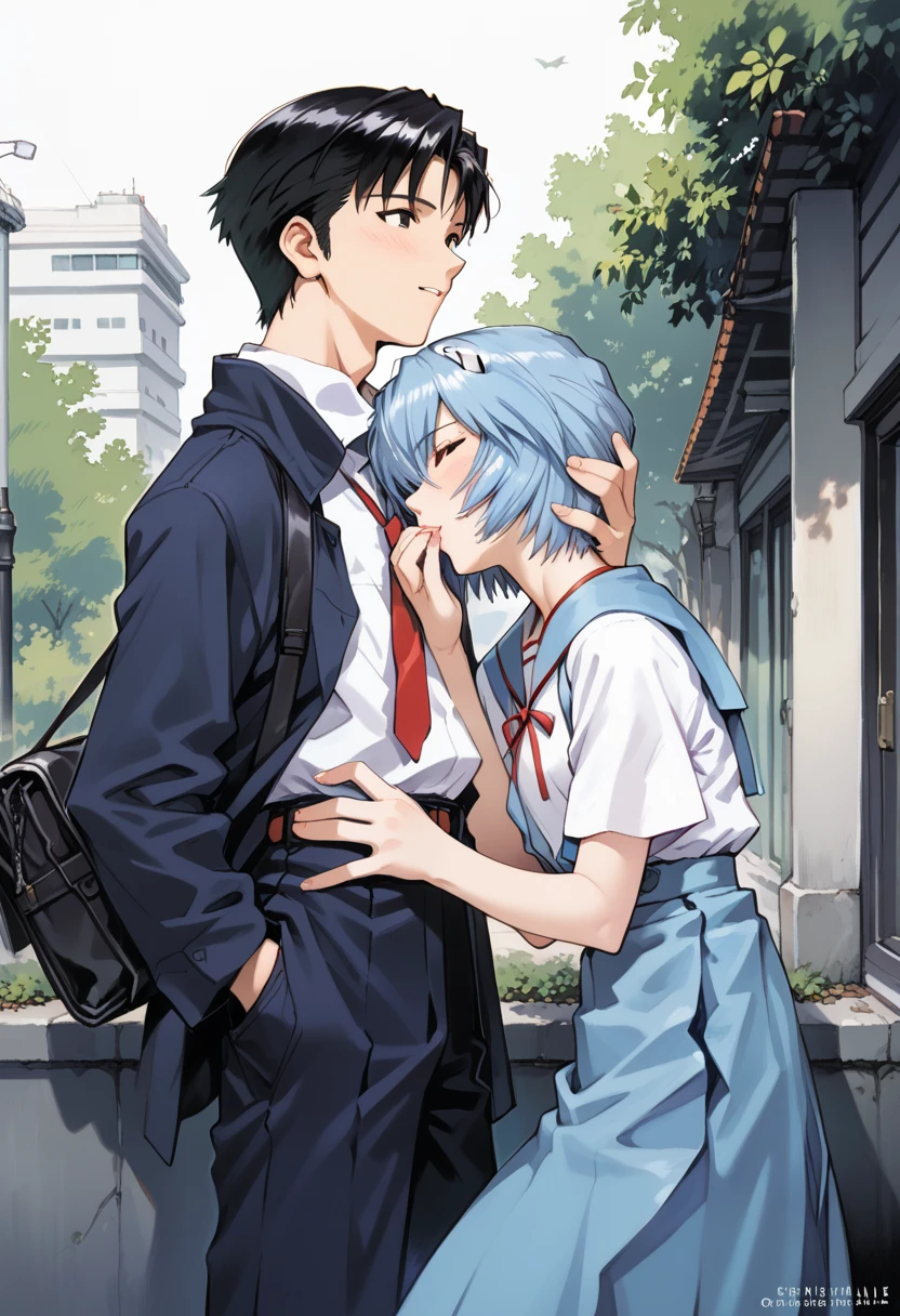 Score_9, Score_8_up, Score_7_up, source_anime, rating_questionable, a high resolution photograph of Japanese couple, masterpiece, best quality, hetero, couple, (1girl, ayanami rei in school uniform, Tokyo3UniformFemale), BREAK, (1boy, ikari shinji in school uniform, collared shirt, pants, Tokyo3UniformMale). BREAK, (couple having oral sex, ayanami sucking his penis). outdoors, 