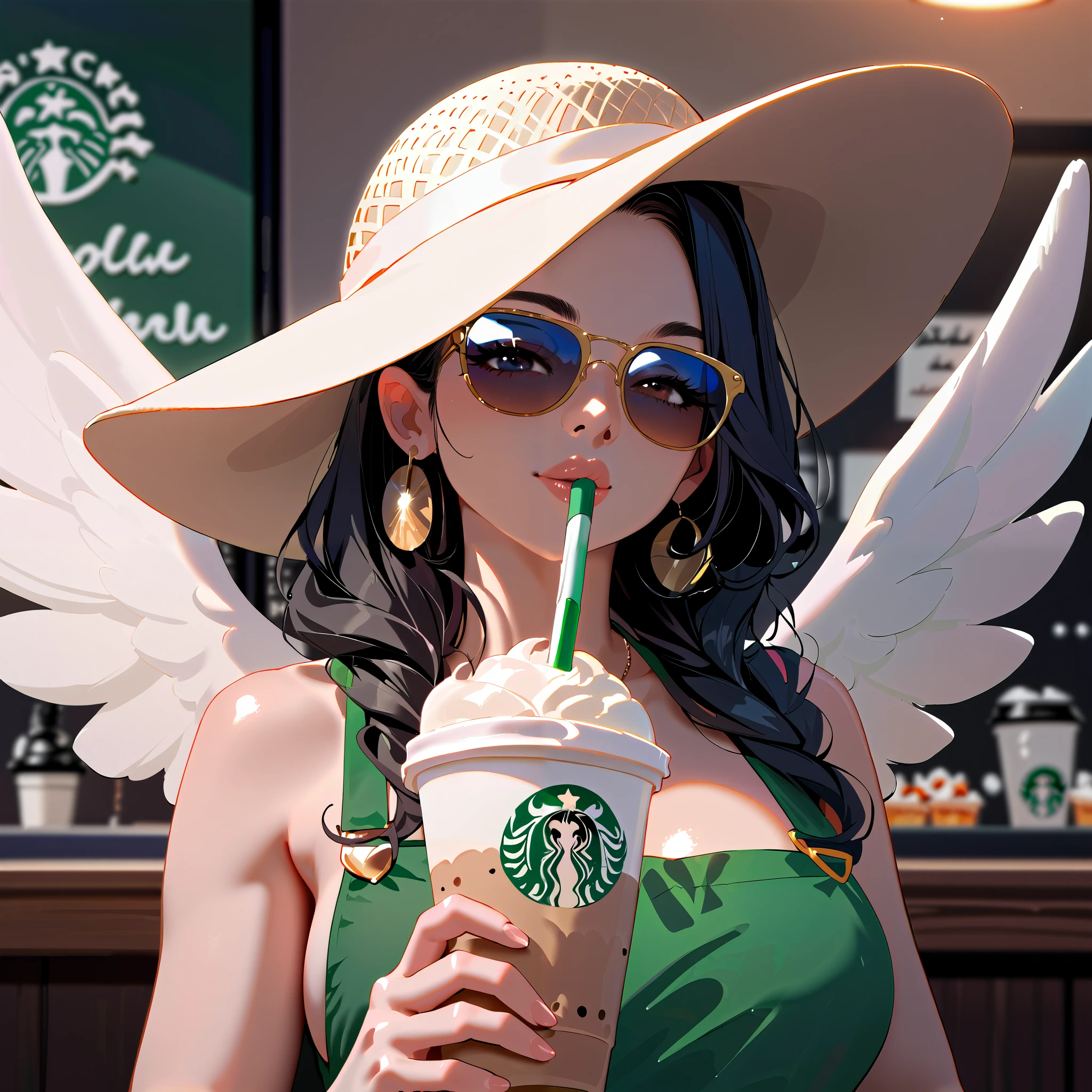 score_9, score_8_up, score_7_up, solo,beautiful angel drinking Frappuccino at Starbucks, sunglasses, hat,A scene from movie Roman Holiday