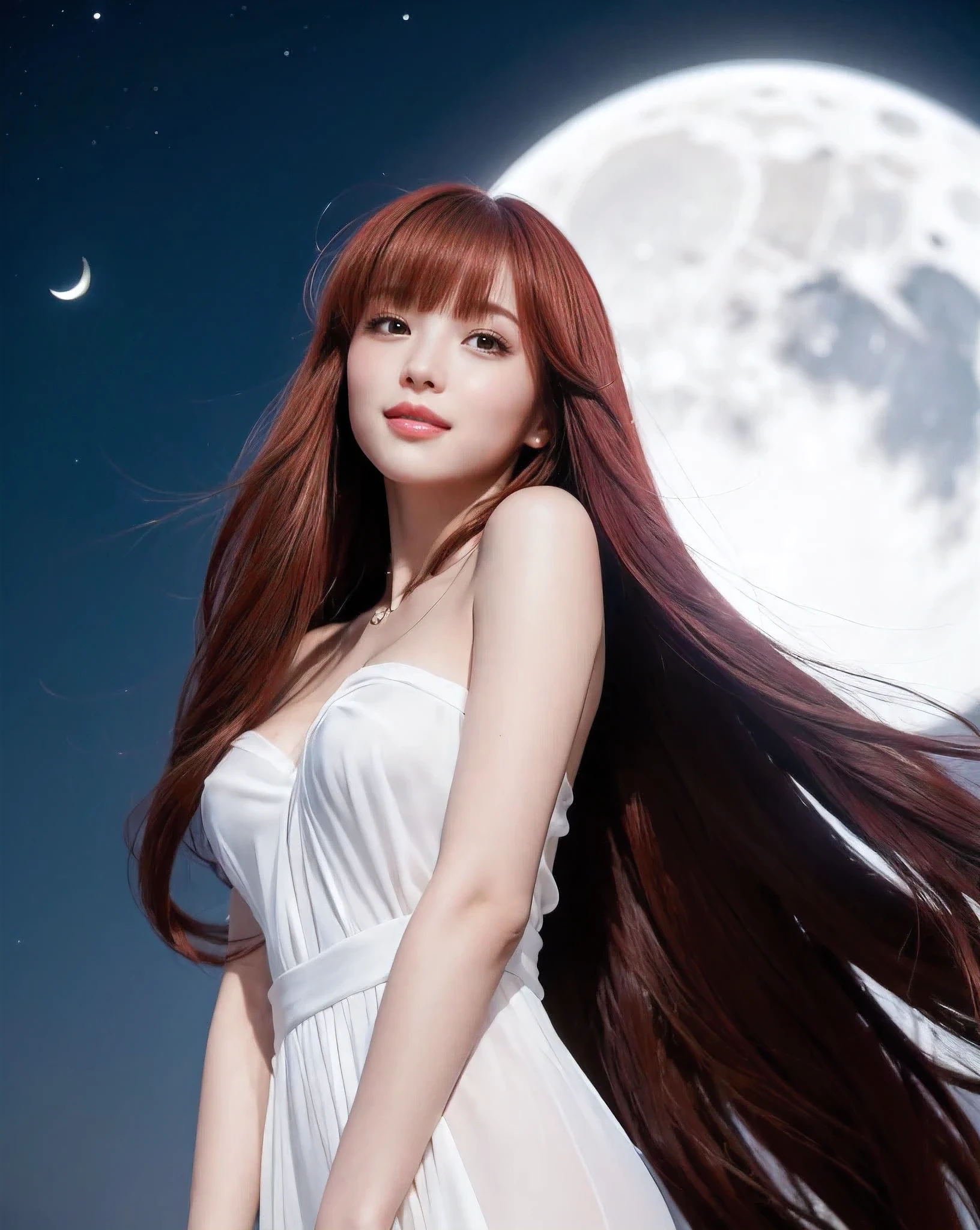 (Highest quality, 32K, High resolution, Masterpiece:1.5, ), inside_jet, god々A photograph with brilliant dazzling and healing power., Evoking a sense of calm and elusive beauty, Expressing emotions, Have a rich imagination,Beautiful Japanese Girls, An exceptionally beautiful face, Small Face Beauty, Perfect Human Anatomy, Magical big eyes, Motherhood and generosity, Deep Love, A fleeting smile, ((shiny red hair:1.1)), ((Super Long Straight Silk Hair)), Asymmetrical bangs, Hair between the eyes, Transparent, soft white skin, Sharp eyebrows, Thin lashes, Natural Makeup, Cheek highlighter, Pale pink detailed lips, , ((White high-quality clothing:1.2)), ((Crescent moon night sky background:1.2)), Slim figure with ample breasts, ((Detailed night sky background:1.3)), moonlight, Professional Lighting, Professional photographer, Professional models, God's Secret