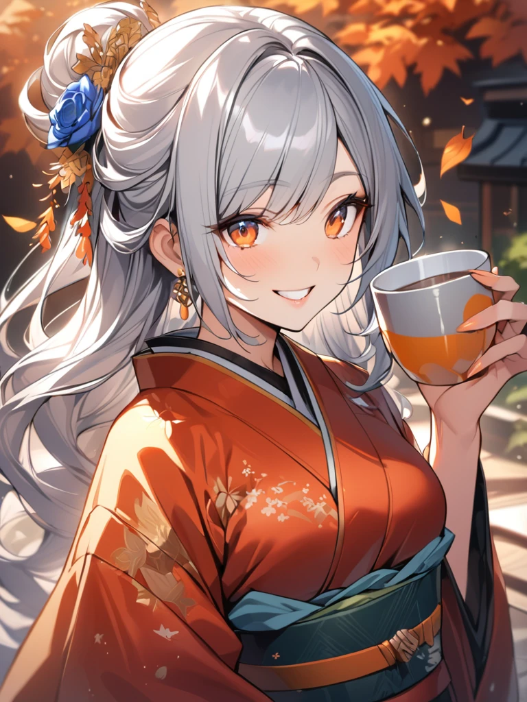 solo, upperbody, gray ash extra long thin hair, big forehead, glasses, grin, Japanese kimono, elegant atmosphere, cocktail glass in hand, drunk, blush,