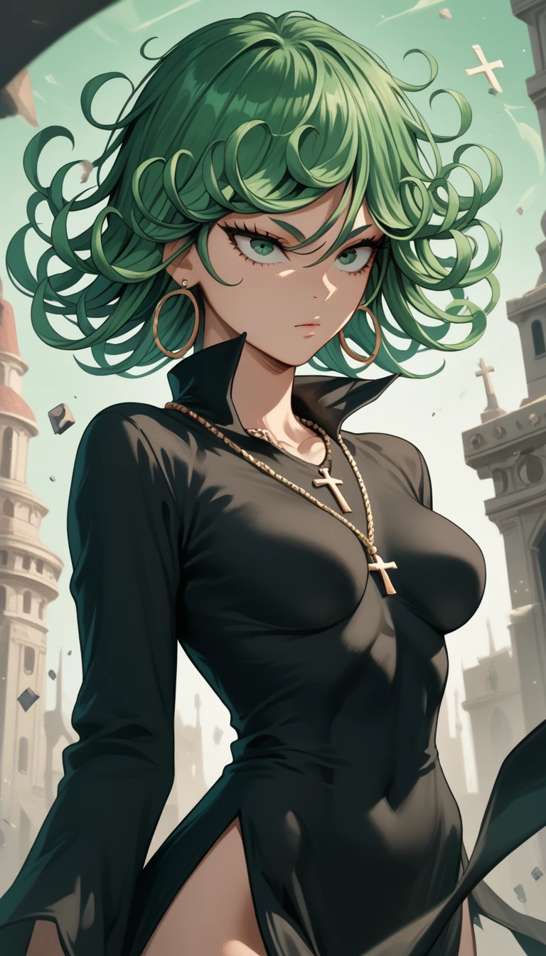 tatsumaki,green hair,curly hair,green eyes, very long hair,medium breast , black dress, long sleeves , earrings,hoop earrings,cross necklace,jewelry,poese.medium breasts
High Resolution, Masterpiece, High Quality, Bangs, Hair Over One Eye, 