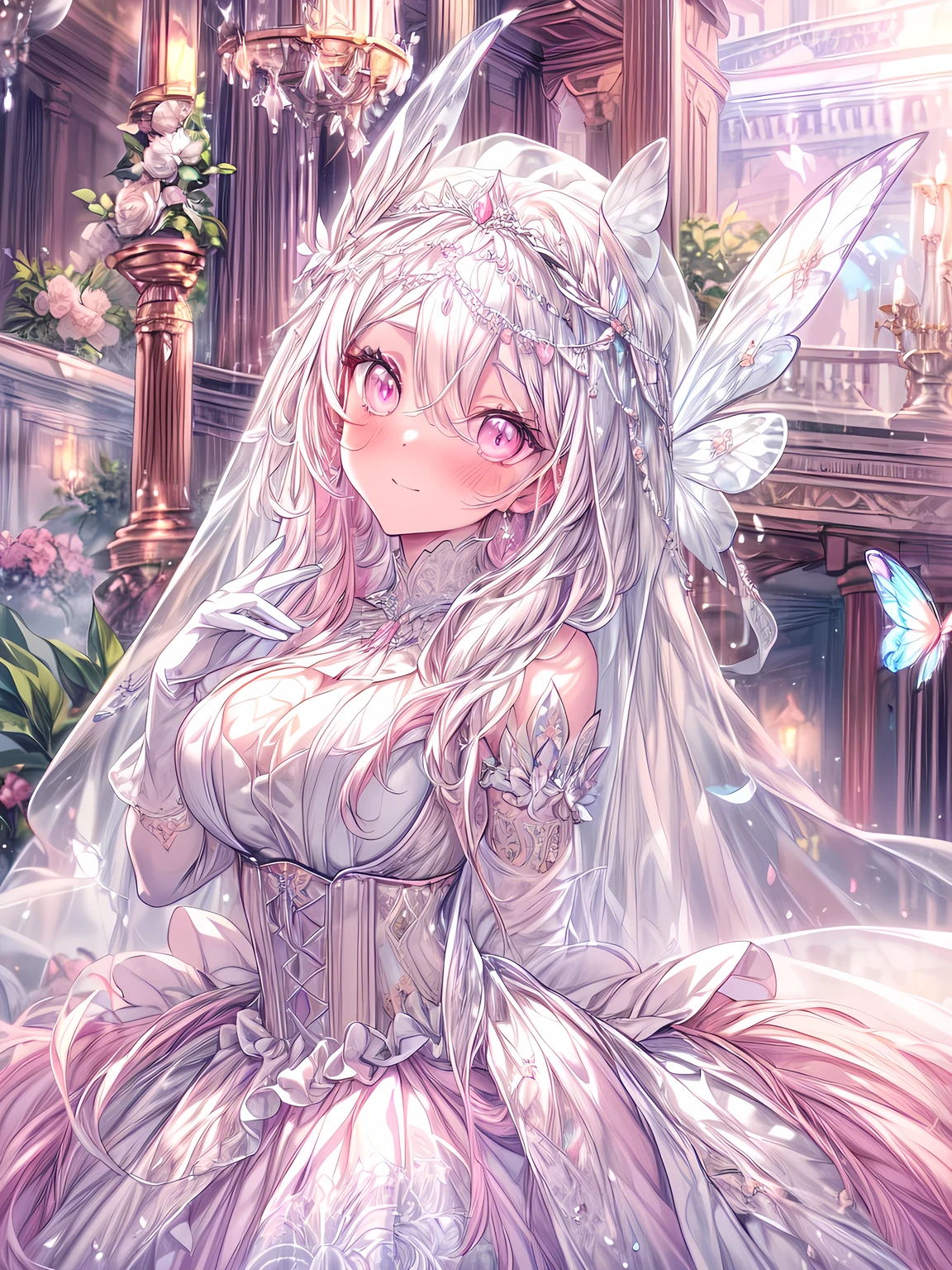 medium-long shot, full-dress shot, full-body illustration, candid portrait, (anime girl, solo focus:1.5), beautiful gorgeous captivating cute adorable princess, nose blush, (blushing:1.5), (pink eyes:1.5) , (((hyper detail delicate beautiful eyes , big eyes))), (soft thin lines:1.2, beautiful, young face, smiling), ((large amount of straight hair, extremely voluminous very long hair)), (pure white hair:1.5), ((extremely white hair)), (extremely gorgeous hair ornament, bling-bling extremely gorgeous jeweled tiara), (long bridal veil:1.2), (face veil:1.5), luxurious jewelry ornaments, skin dentation, pale skin, (slim:1.2), (large breasts:1.5), breasts cleavage, (perfect hands:1.5), (white long gloves:1.5), see-through, (pure white ballgown:1.5), (((ballgown with white lace and frills, ballgown with motif of crystals and flowers, detailed gorgeous princess ballgown with voluminous full length hoop skirt, gorgeous princess long rococo ballgown with crystal and jewel embroidery))), (pure white laced corset:1.5), (crinoline:1.5), (long train gown:1.5) , (puffy gown:1.5), (floor length gown:1.5), masterpiece, (Full-HD:1.5), (highres:1.5), (absurdres:1.5), (high quality:1.5), (high resolution:1.5), (best image:1.5), (ultra quality:1.5), HDR, 16K, 32K, (ultra resolution:1.5), (ultra detailed:1.5), (highly detailed:1.5), fantasy scene, dreamy fantasy, silver and white color themed palace, fantasy palace with butterflies background, butterflies fluttering in background, (glow, god rays, radiant, ethereal, dreamy, heavenly, otherworldly, dream-like, breathtaking, captivating, divine), (depth of field), sharp focus, soft lighting 