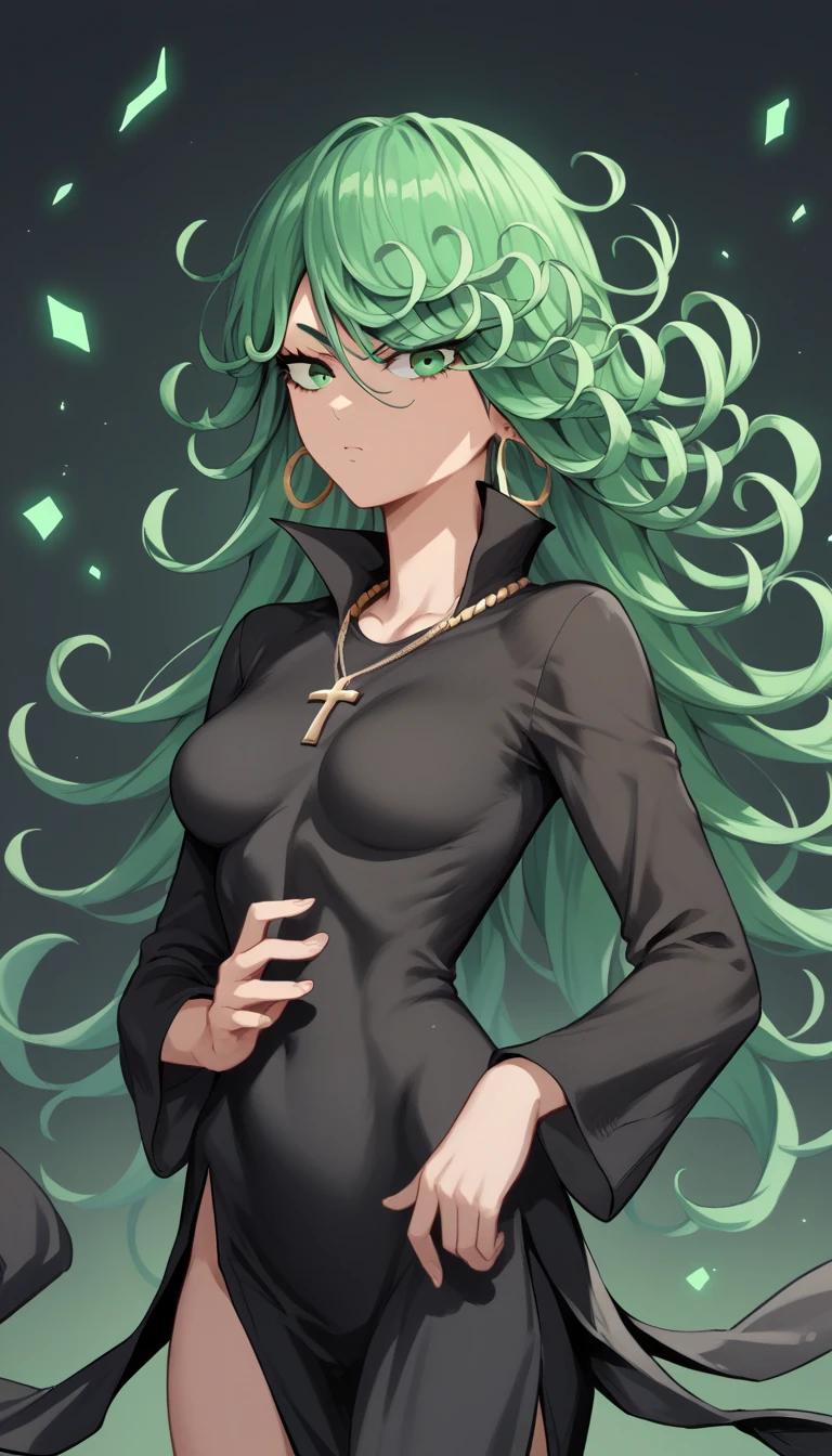 tatsumaki,green hair,curly hair,green eyes, very long hair,medium breast , black dress, long sleeves , earrings,hoop earrings,cross necklace,jewelry,poese.medium breasts, whole body, 
High Resolution, Masterpiece, High Quality, Bangs, Hair Over One Eye, 