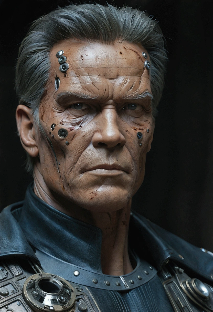 Create a realistic, high-resolution scene showing an aging Terminator character lying in a junkyard.  He is visibly worn, with his half-human, half-machine appearance exposed due to damage.  His face is covered in deep wrinkles and scars, with areas where the skin is torn, revealing mechanical and metallic parts underneath.  He is lying on his back, with a tired expression, as if exhausted after a long battle.  The surrounding environment is dark and full of debris and rusty parts, with cold, diffuse lighting that passes through piles of scrap metal, creating a post-apocalyptic environment.  The scene conveys a feeling of loneliness and desolation.  The camera must focus on the details of the face and exposed mechanical parts, with a depth of field that highlights the textures of metal and worn skin.  Use high-contrast lighting to highlight the moody environment, as if captured by a DSLR camera in a night or low-light setting.  Steampunk, post-apocalyptic, ultra-realistic
 Resolution: 1365x768
 Diffuse, cool light, high contrast
 Depth of field, sharp details on human and mechanical parts
 Close UP with a Canon EOS R5 80mm lens on the terminator