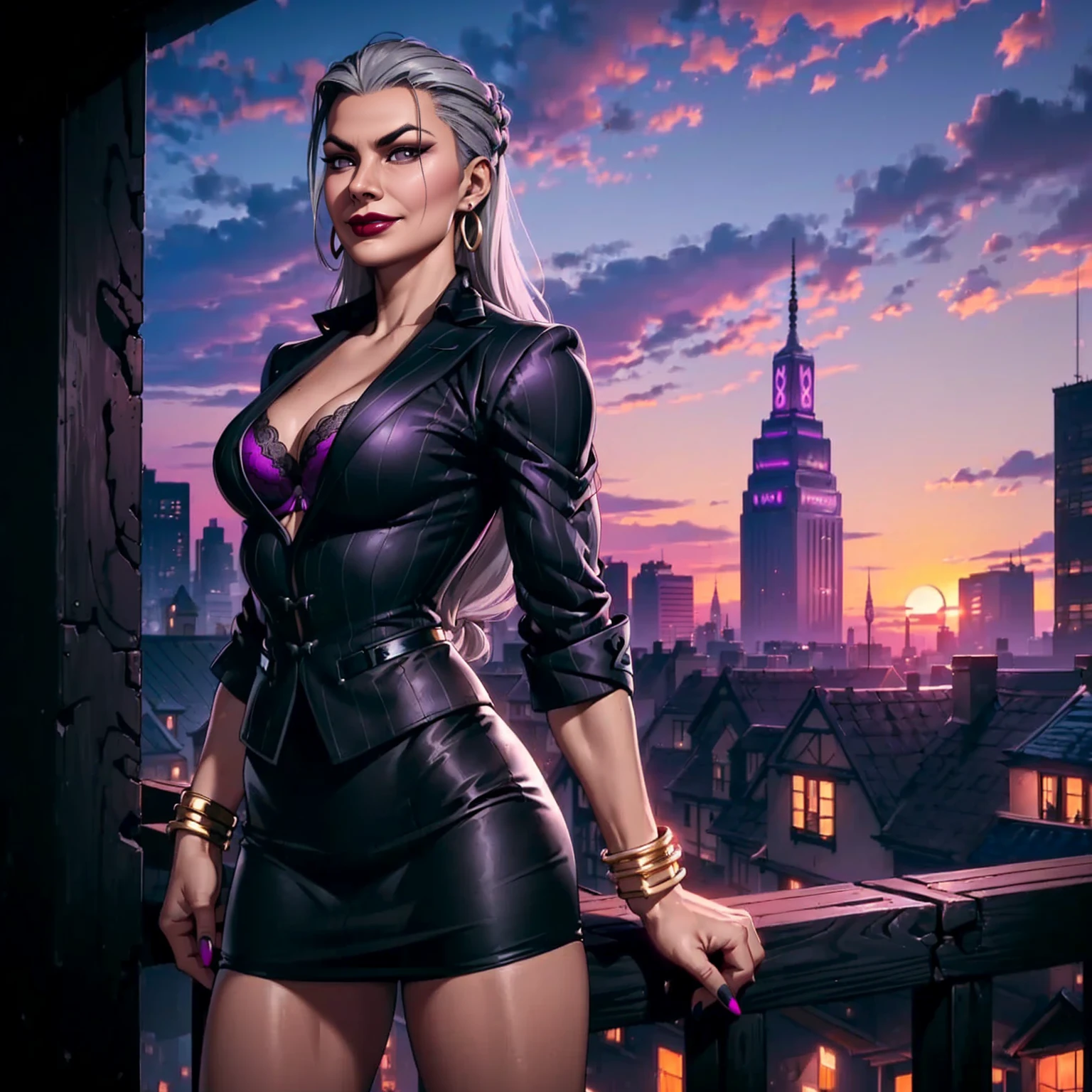 ((1girl, solo ,alone, ((sindel, black eyes, mortal kombat, gray hair, gray highlighted hair, slicked back hair, long hair)), painted nails, gold bracelets, ruby earrings)), ((solo, 1woman, pink lipstick, Extremely detailed, ambient soft lighting, 4k, perfect eyes, a perfect face, perfect lighting, a 1girl)), austere, ((fitness, , shapely body, athletic body, toned body)) , ((striped suit, black suit, black blazer, black skirt, pencil skirt, purple bra, lace bra, terrace, city, clouds, sunset, elegant decor, horizon, smug, smug smile, red lipstick))