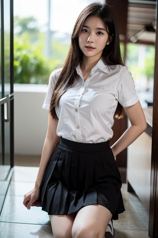 1girl, embarrassed, perfect body, large breasts, straight dark brown hair, Thai university uniform, white short arm shirt,  black pleated skirt, sexy pose, from bottom, fullbody