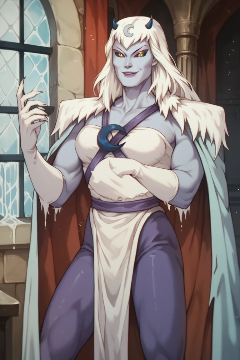 chilla, thundercats, icicles, standing, cape, smile, colored skin, white hair, long hair, solo, room, black sclera, cape covered the whole body, yellow eyes, Masterpiece, High Resolution, Best Quality, 