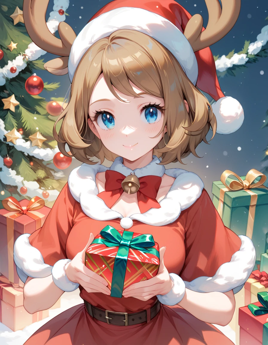 Pokemon female character, serena (beautiful blue eyes, brown hair) red-nosed reindeer costume, cute image, Christmas cover, saturated colors, holding a gift box, pokemon design,