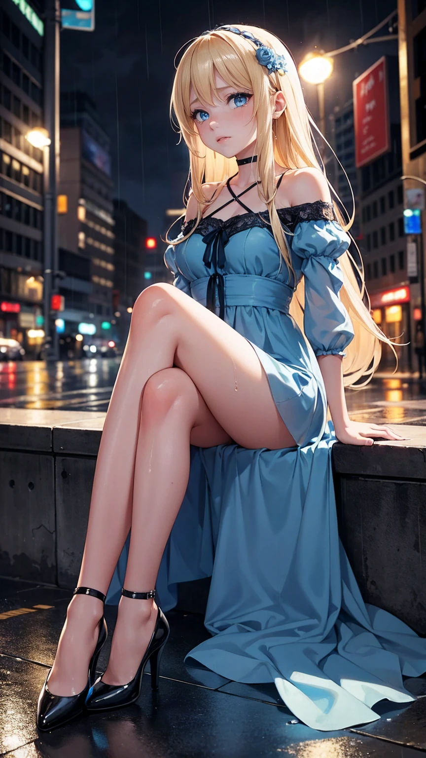  girl with long blond hair  ,  realistic detailed blue eyes,, wearing short blue dress , black high heels,  sitting on the floor,  on the street at night while it's raining, crying,with his injured ankle , soaked