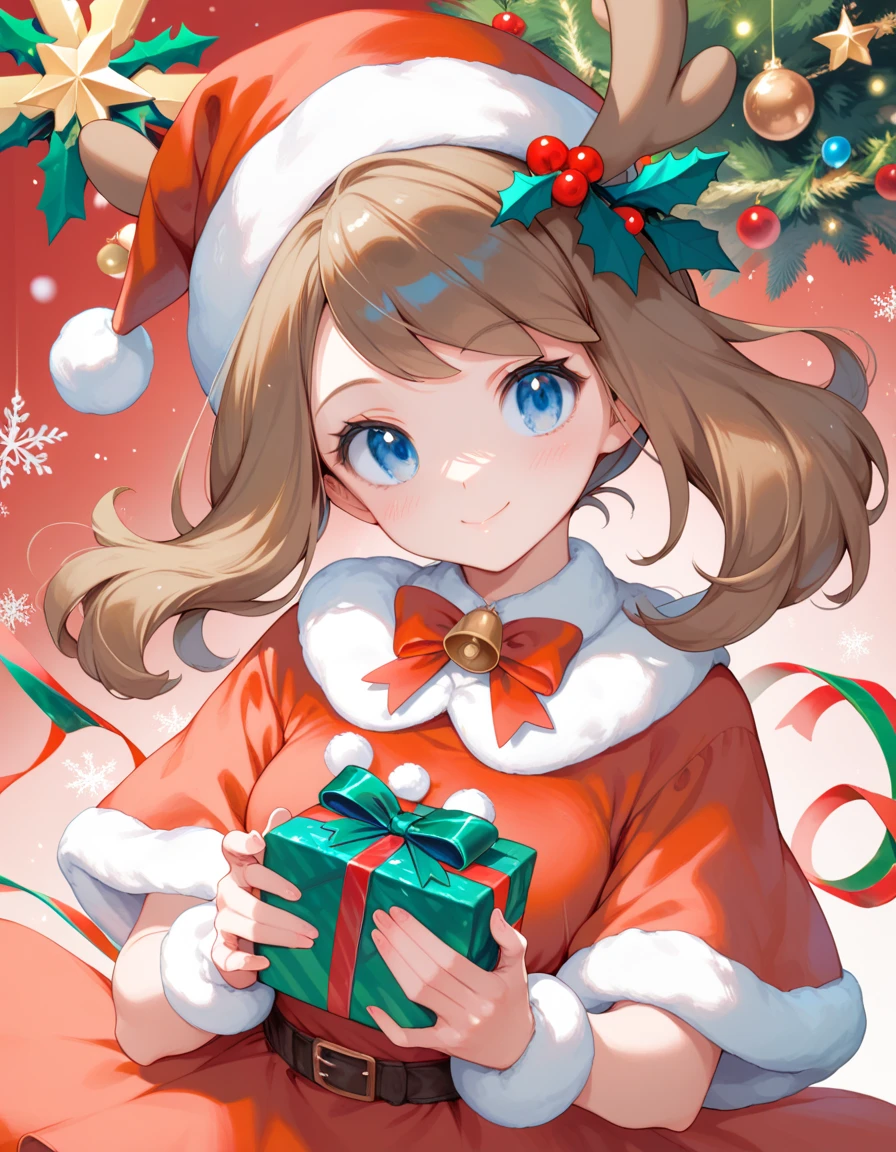 Pokemon female character, may (beautiful blue eyes, brown hair) red-nosed reindeer costume, cute image, Christmas cover, saturated colors, holding a gift box, pokemon design,