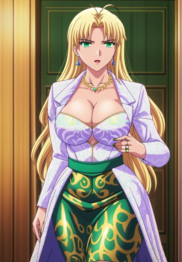    Artoria pendragon,Big breast,Cleavage,Long wavy hair,thin short skeeve serpent print green bodycon ,Wedding ring,green earring,Colored long nail,Curvy figure,Short skirt,Necklace,Short skirt,Hime cut bang