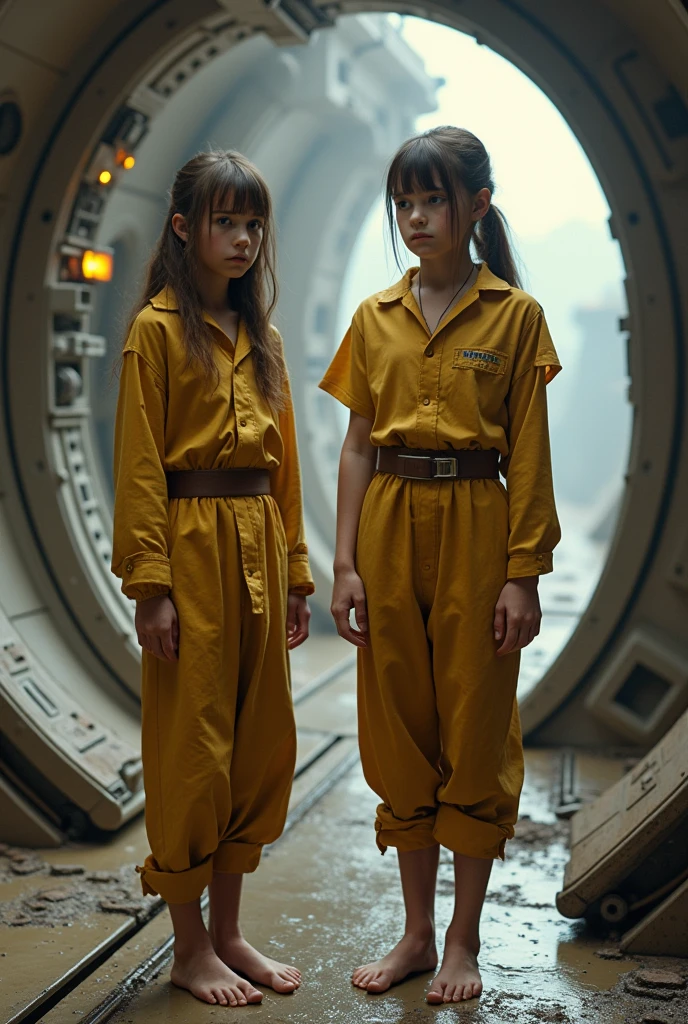 Barefoot girls in yellow prison clothes on a Star Wars rebellion ship ...