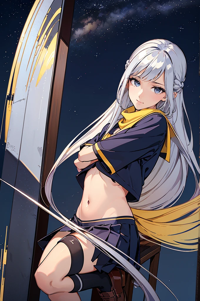 最High image quality, masterpiece, 4K, High image quality,  ultra high resolution,  of the prairie , CG drawing（ one cool adult woman ） Hair、Silver、Hairstyle、 straight、Straight、Long hair in the middle 、I'm parting （He&#39;s quite tall.、 slender、Female Swordsman。
。 （ tight mini scarves 、Elongated Sharp Eyes 、 extra long lashes ）（ blue eyes 。  beautiful eyes、 beautiful lips。）（Perfect、 beautiful eyes）（ school uniform。  short sleeve sailor suit、 out of your belly button。 （Glossy、 Navy Blue Ultra Extremely Short Pleated Mini Skirt、）、Black socks。

（Deep Forest Friends、Tall 、Grassland friends、一人のFemale Swordsmanが立っています。
（Female Swordsmanは、 with bright red cheeks 、A mischievous smile、Floating。
 human male 、None at all。
 biologically 、Correct body