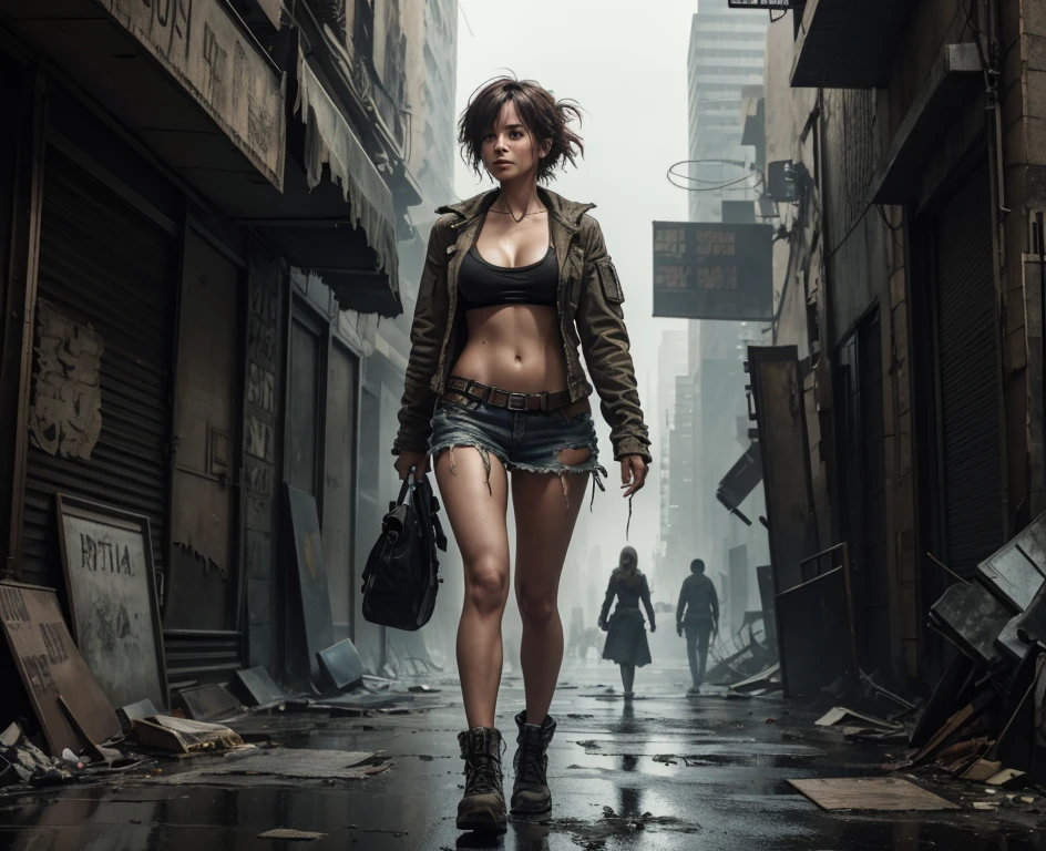 A woman walking through a dystopic nightmare city, wearing disheveled torn up clothing, Anatomically Correct, High Resolution, Masterpiece, Breasts, 