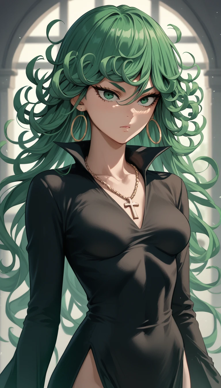 tatsumaki,green hair,curly hair,green eyes, very long hair,medium breast , black dress, long sleeves , earrings,hoop earrings,cross necklace,jewelry,poese.medium breasts, whole body 
High Resolution, Masterpiece, High Quality, Bangs, Hair Over One Eye, 