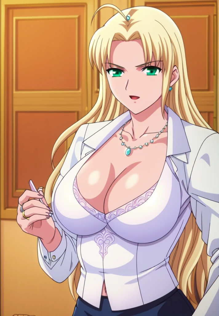    Artoria pendragon,Big breast,Cleavage,Long wavy hair,white formal shirt ,Wedding ring,green earring,Colored long nail,Curvy figure,Short skirt,Necklace,Short skirt,Hime cut bang