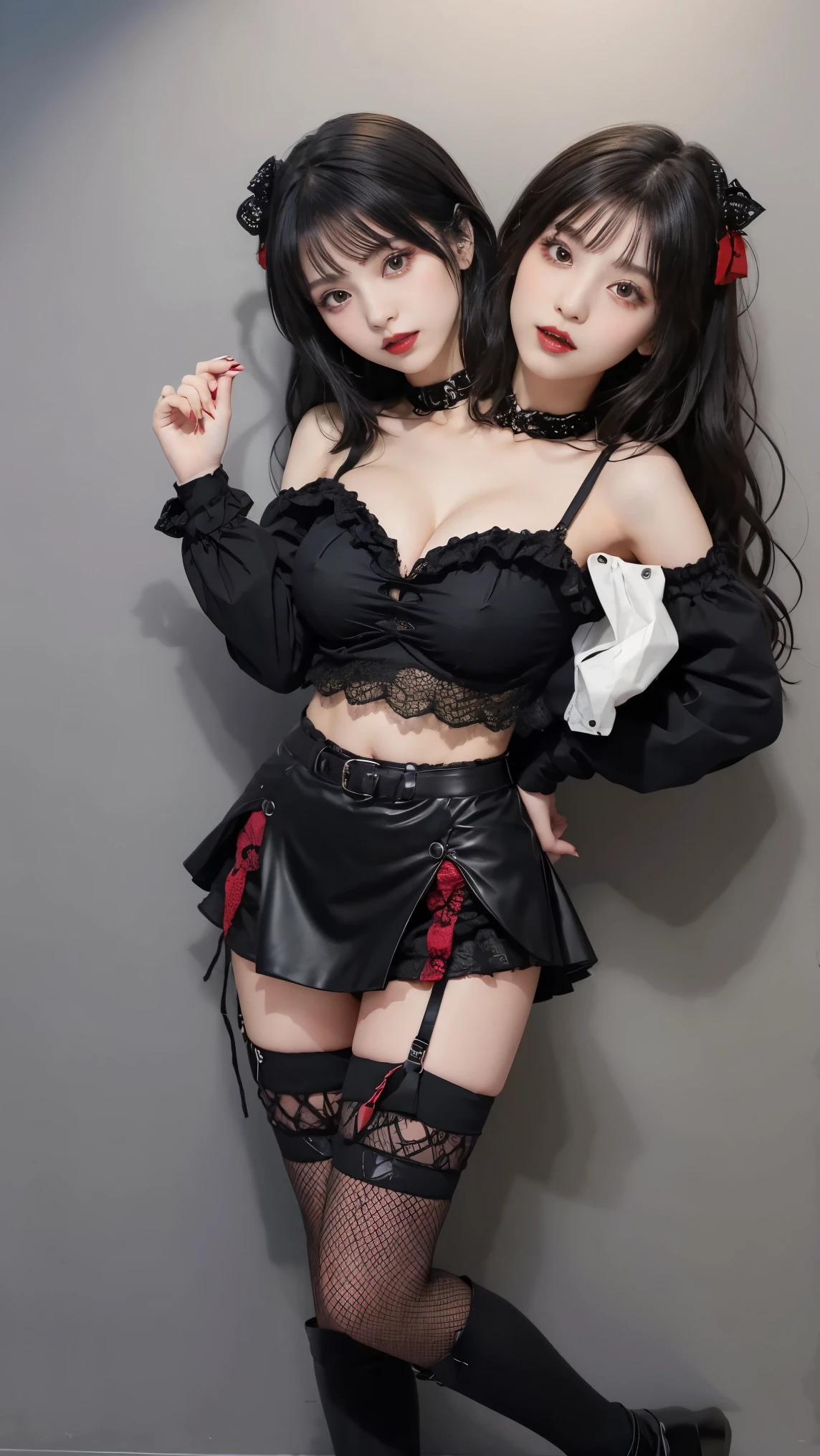 Vampire idol in gothic punk style..、big and full breasts、beautiful foot、、、Good style、、、Gothic punk black and red lolita fashion.(、a miniskirt)、、、Black hair with red mesh..、absolutely、cool expression、Illuminated by a red spotlight, united_dicephalus, (Two heads:1.2), whole body, posing, hand signals