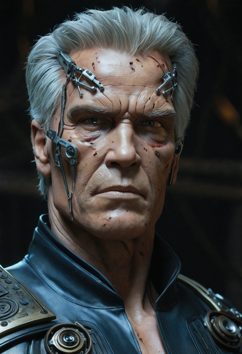 Create a realistic high-resolution scene showing the Terminator character, aged, 80 years old, white hair and lying in a scrapyard.  He is visibly worn, with his half-human, half-machine appearance exposed due to damage.  His face is covered in deep wrinkles and scars, with areas where the skin is torn, revealing mechanical and metallic parts underneath.  He is lying on his back, with a tired expression, as if exhausted after a long battle.  The surrounding environment is dark and full of debris and rusty parts, with cold, diffuse lighting that passes through piles of scrap metal, creating a post-apocalyptic environment.  The scene conveys a feeling of loneliness and desolation.  The camera must focus on the details of the face and exposed mechanical parts, with a depth of field that highlights the textures of metal and worn skin.  Use high-contrast lighting to highlight the moody environment, as if captured by a DSLR camera in a night or low-light setting.  Steampunk, post-apocalyptic, ultra-realistic
 Resolution: 1365x768
 Diffuse, cool light, high contrast
 Depth of field, sharp details on human and mechanical parts
 Close UP with a Canon EOS R5 80mm lens on the terminator