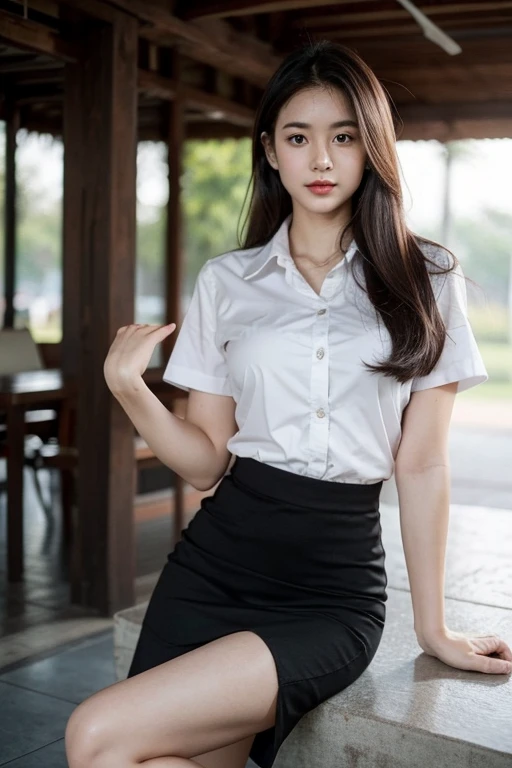 1girl, embarrassed, perfect body, large breasts, fair skin, light makeup, straight dark brown hair, Thai university uniform, white short arm shirt,  black pencilskirt, sexy pose, from bottom, fullbody, light, martial art