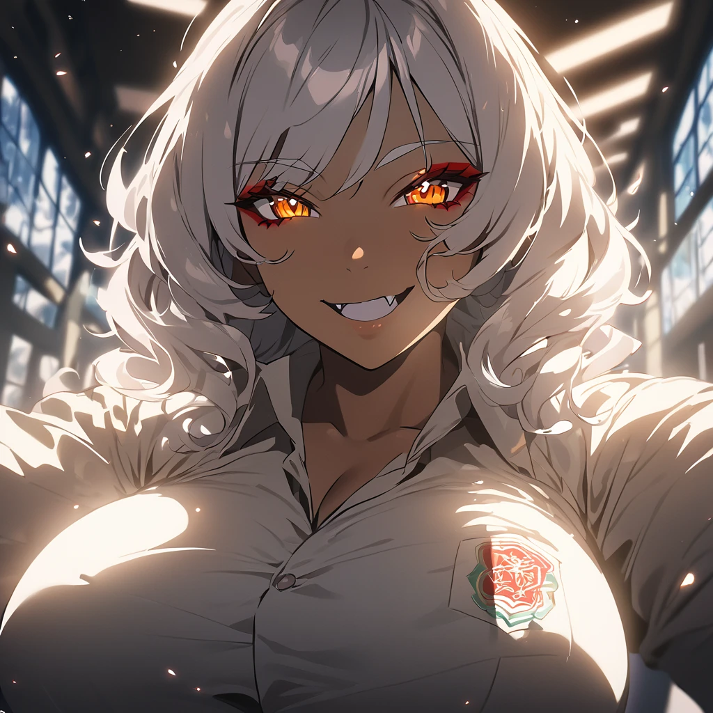  From front, anime girls, light skin, Mommy aura, white hair, short and wave hair, huge breas , big thigs, Indonesia highschool Uniform, On school, Warm lighting, Dramatic lighting, Cinematic, 4K quality, Beautiful scenery, Fang, Makeup, Headphones, 