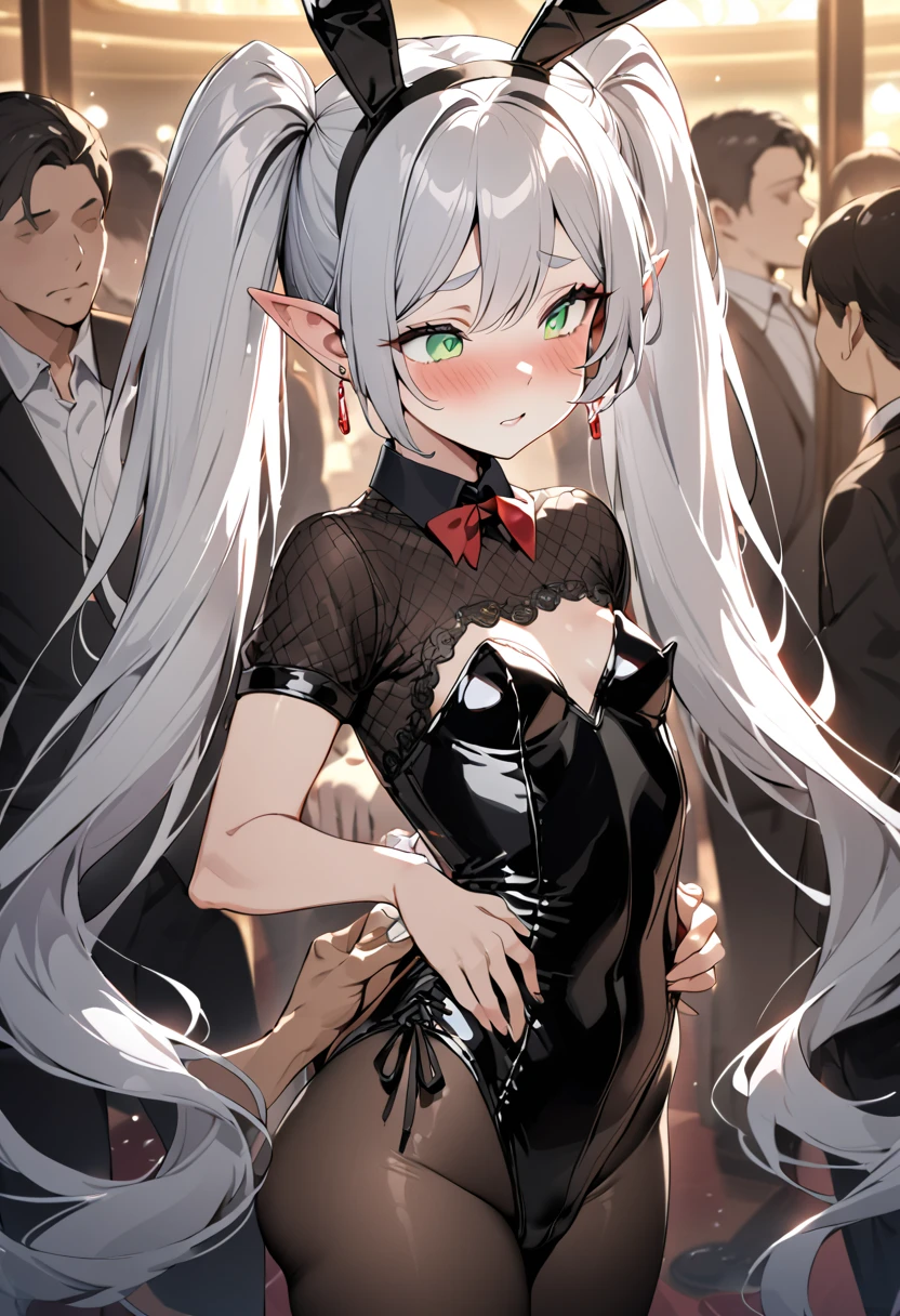 NSFW,masterpiece,Highest quality,High resolution,Very detailed,Frielen\(Funeral Frielen\),Pointed Ears,Green Eyes,Twin tails,very long hair of white color,Earrings,Playboy Bunny,Black Pantyhose,Small breasts,casino,blush,sake,Serve customers,A large number of people,A man touches her butt, breast grab, Committing sexual harassment,Molestation,Body touch,From the side