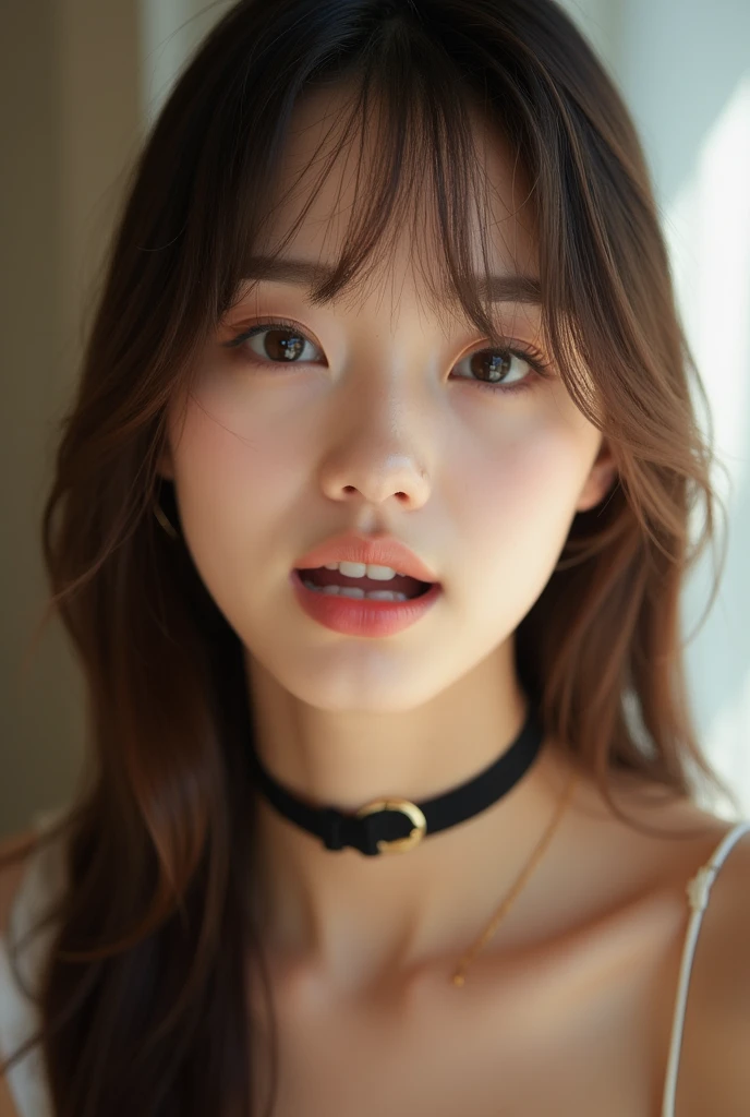 best quality, ultra high res, (((Very detailed face)))), ((Very detailed eyes and face)))), Beautiful detail eyes, (photorealistic:1.4), 1girl, off-shoulder white shirt, black tight skirt, black choker, (faded ash gray hair:1), (huge breasts:1.4), looking at viewer, closeup ,
