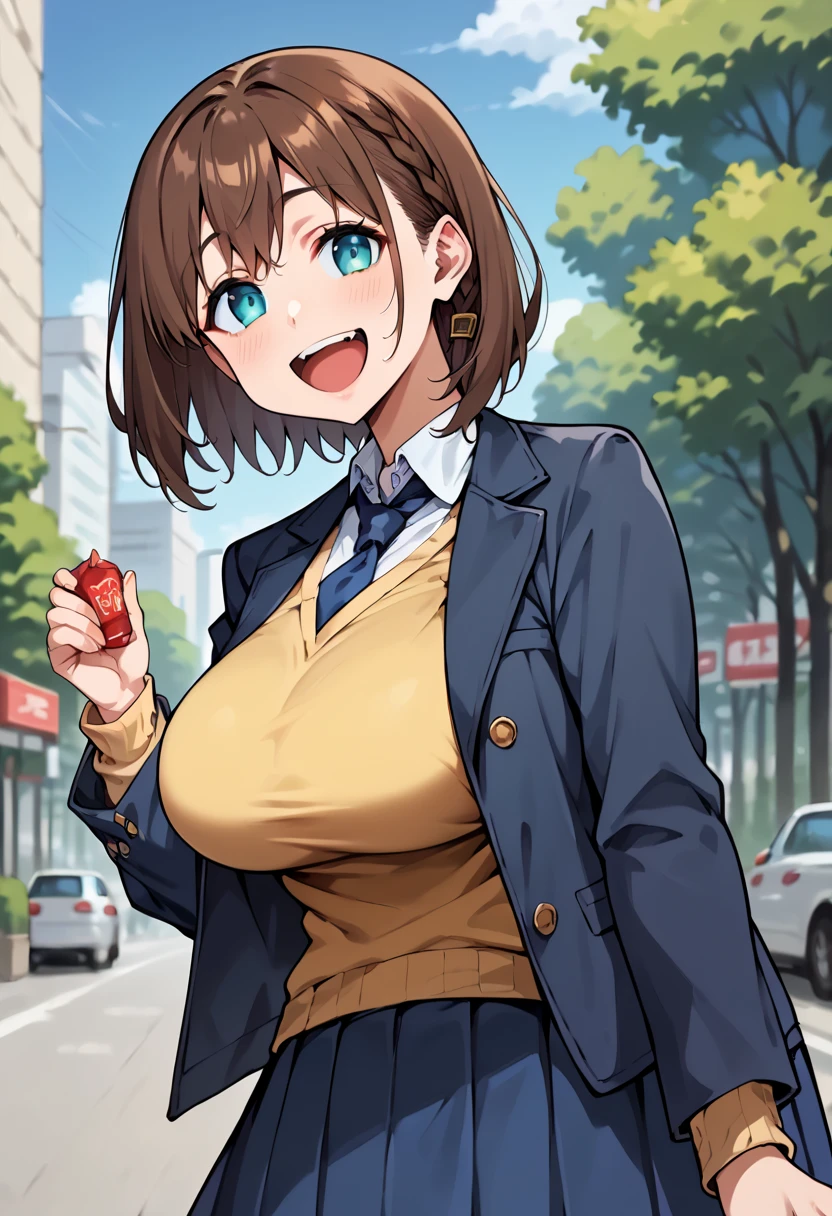  score_9,  score_8_up,  score_7_up,  score_6_up, sauce_Anime, break 1 girl , Alone, Ai-chan,  brown hair, Cyan eyes,  braided , Blue blazer,  yellow sweater vest ,  blue tie,  blue skirt ,  Pleated Skirts,  Big Breasts ,  looking at you ,  happy ,  blue sky, tree, city, Wavy