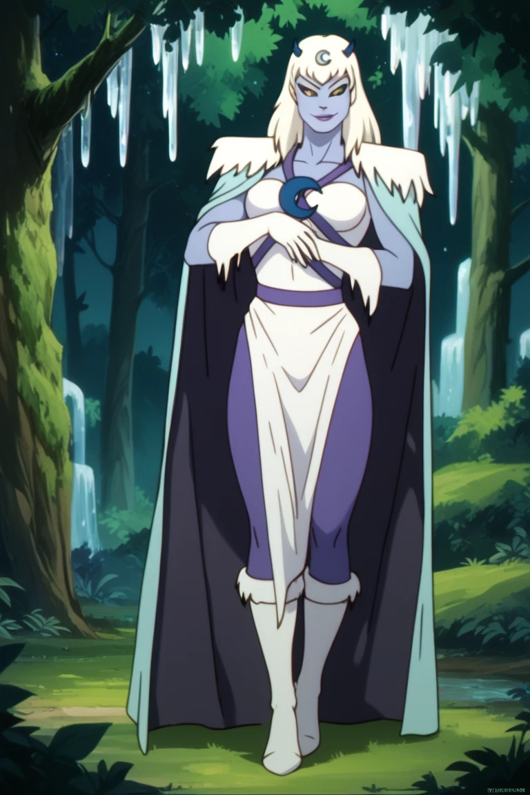 chilla, thundercats, icicles, standing, cape, long cape, smile, colored skin, white hair, long hair, solo, forest, night, black sclera, cape covering the full body, yellow eyes, Masterpiece, High Resolution, Best Quality, 